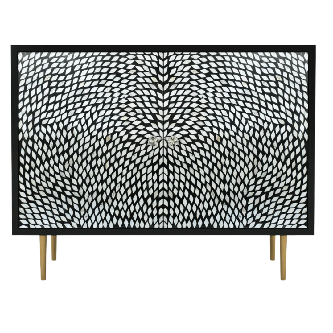 Handcrafted Black |& White Cabinet with intricate Mother of Pearl inlay, featuring a floral pattern and sleek Metal legs. A luxurious storage solution for any space.
