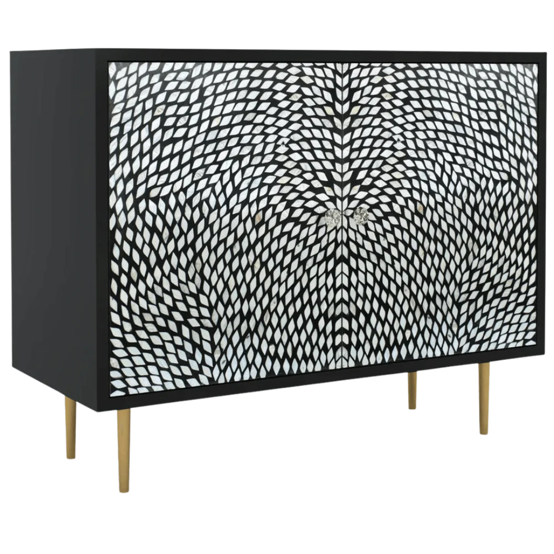 Handcrafted Black |& White Cabinet with intricate Mother of Pearl inlay, featuring a floral pattern and sleek Metal legs. A luxurious storage solution for any space.
