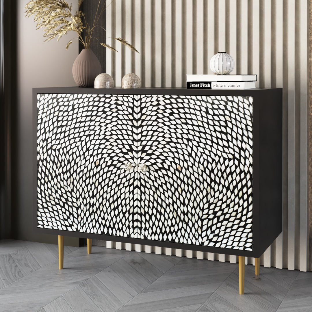 Handcrafted Black |& White Cabinet with intricate Mother of Pearl inlay, featuring a floral pattern and sleek Metal legs. A luxurious storage solution for any space.