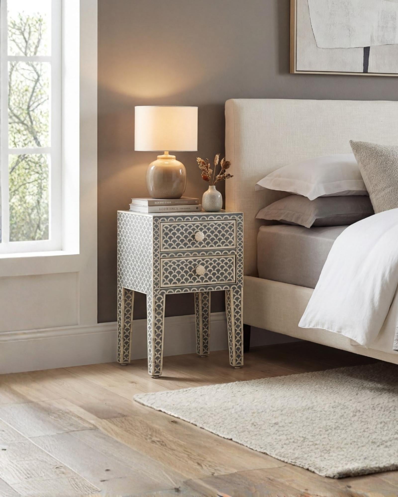 Bone inlay side drawer featuring scallop pattern in grey and white, handcrafted furniture piece