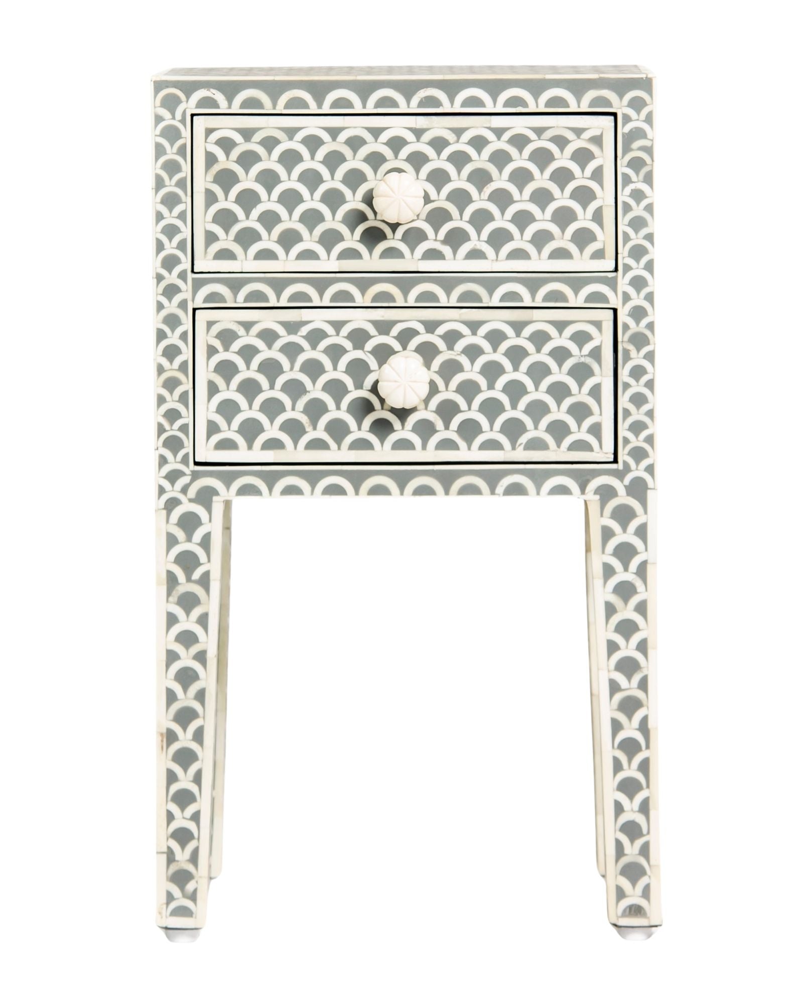 Bone inlay side drawer featuring scallop pattern in grey and white, handcrafted furniture piece