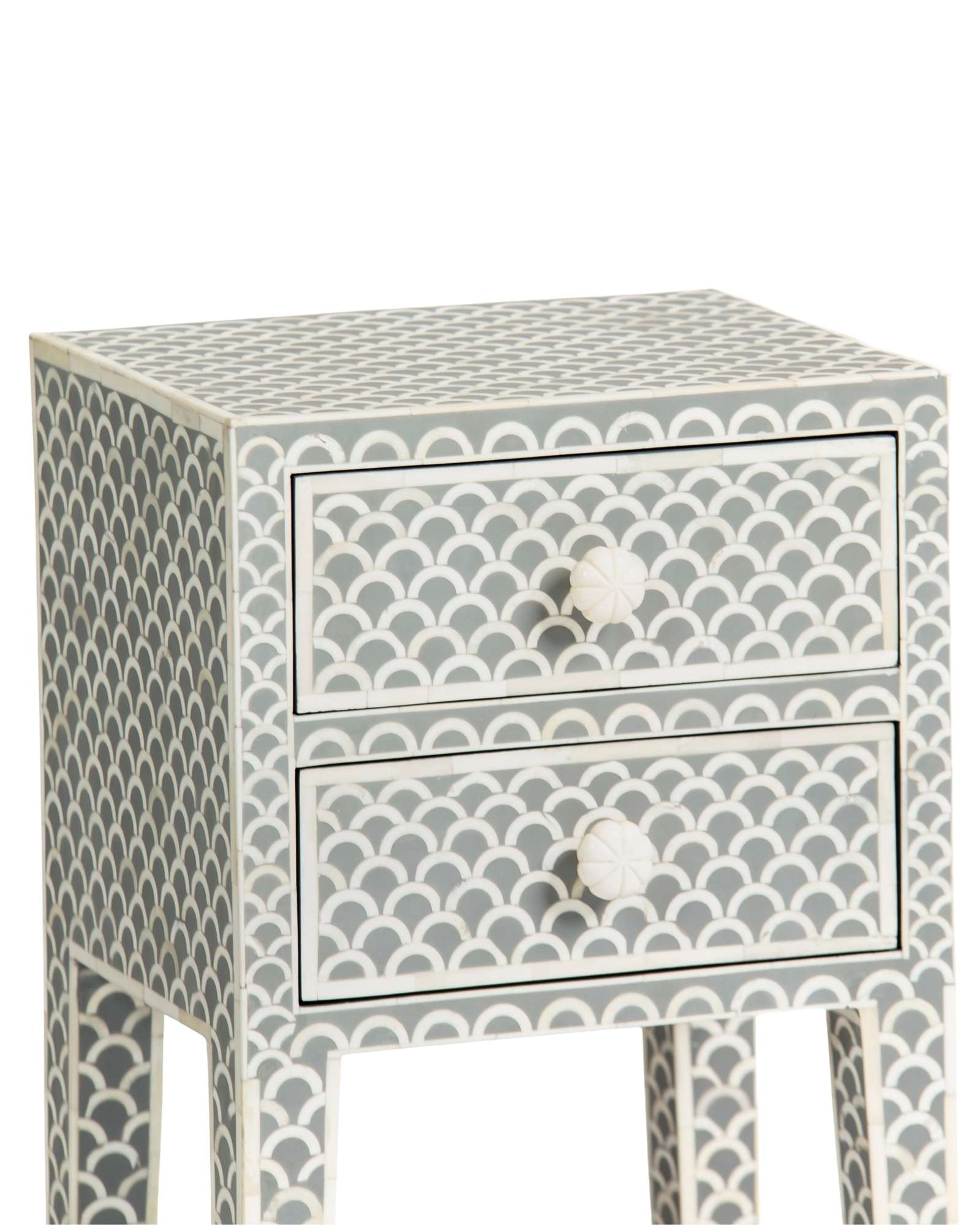 Bone inlay side drawer featuring scallop pattern in grey and white, handcrafted furniture piece