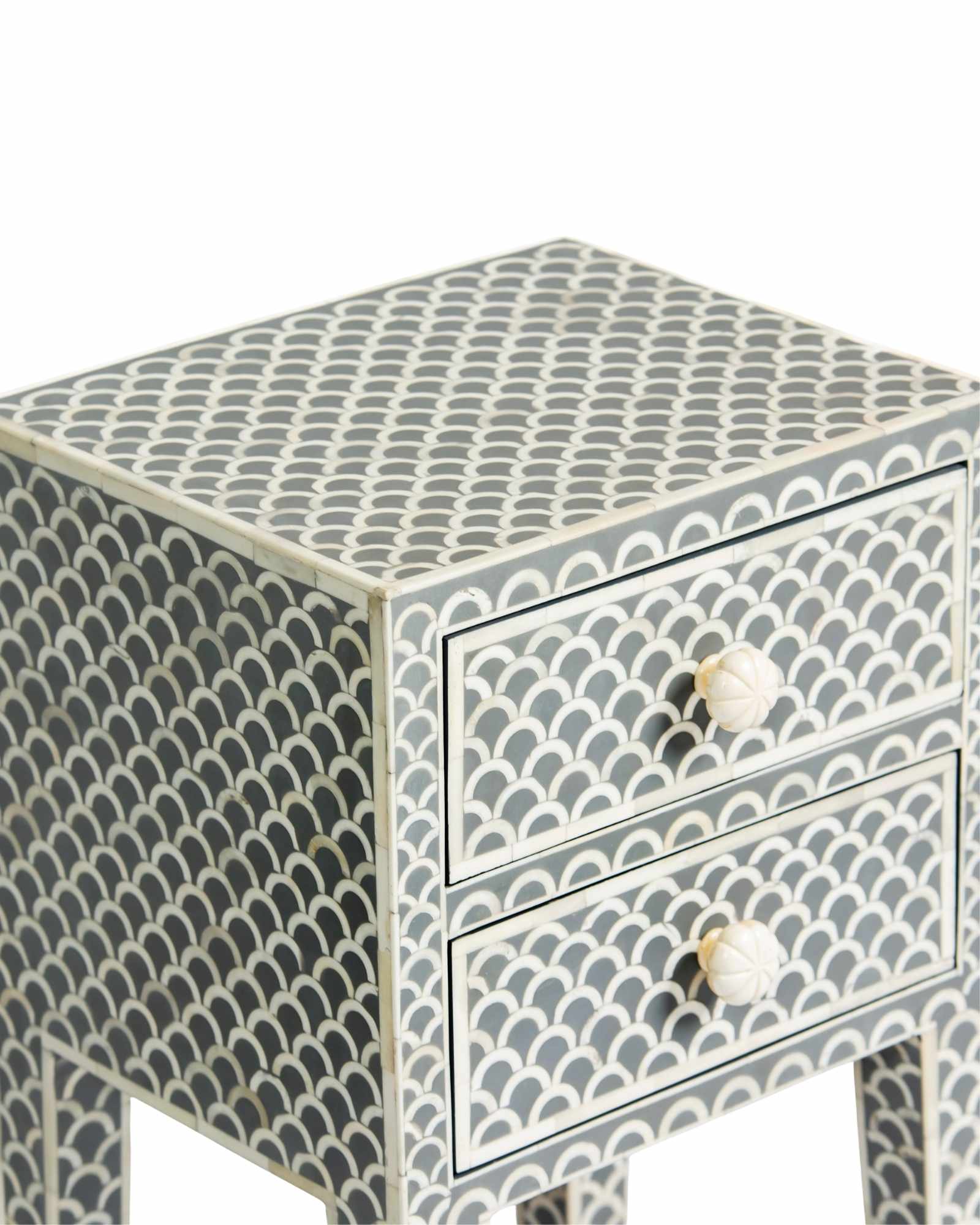 Bone inlay side drawer featuring scallop pattern in grey and white, handcrafted furniture piece