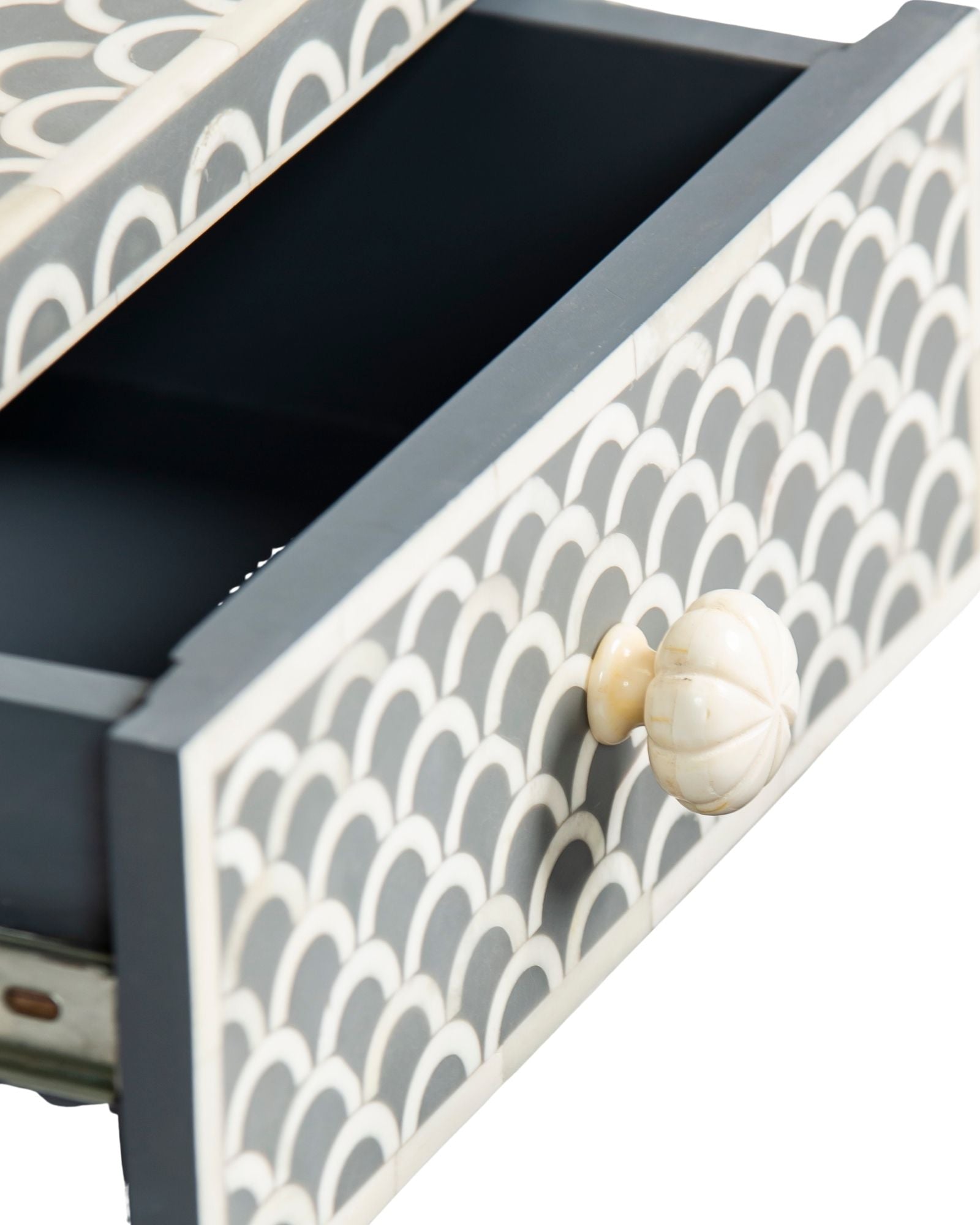 Bone inlay side drawer featuring scallop pattern in grey and white, handcrafted furniture piece