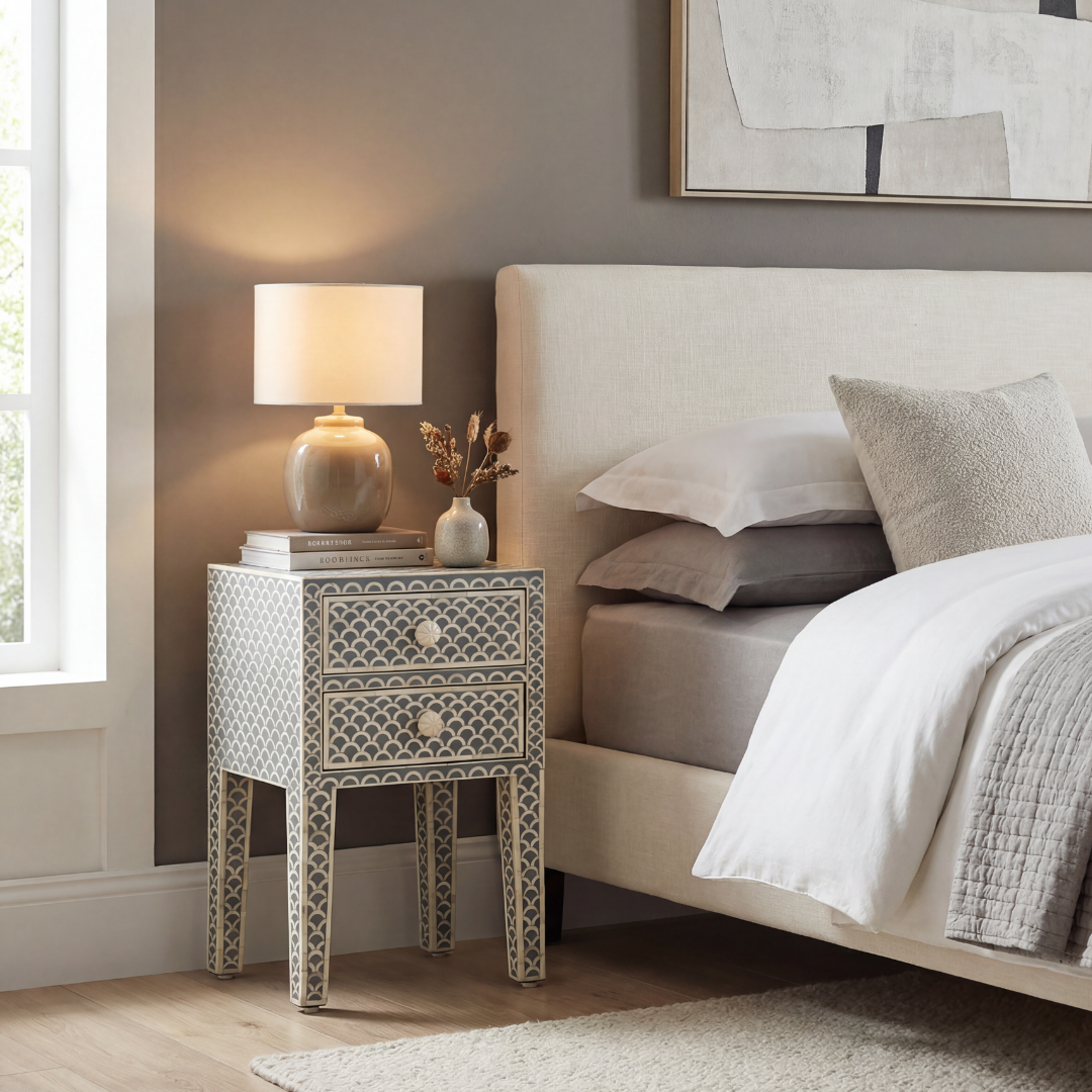 Bone inlay side drawer featuring scallop pattern in grey and white, handcrafted furniture piece