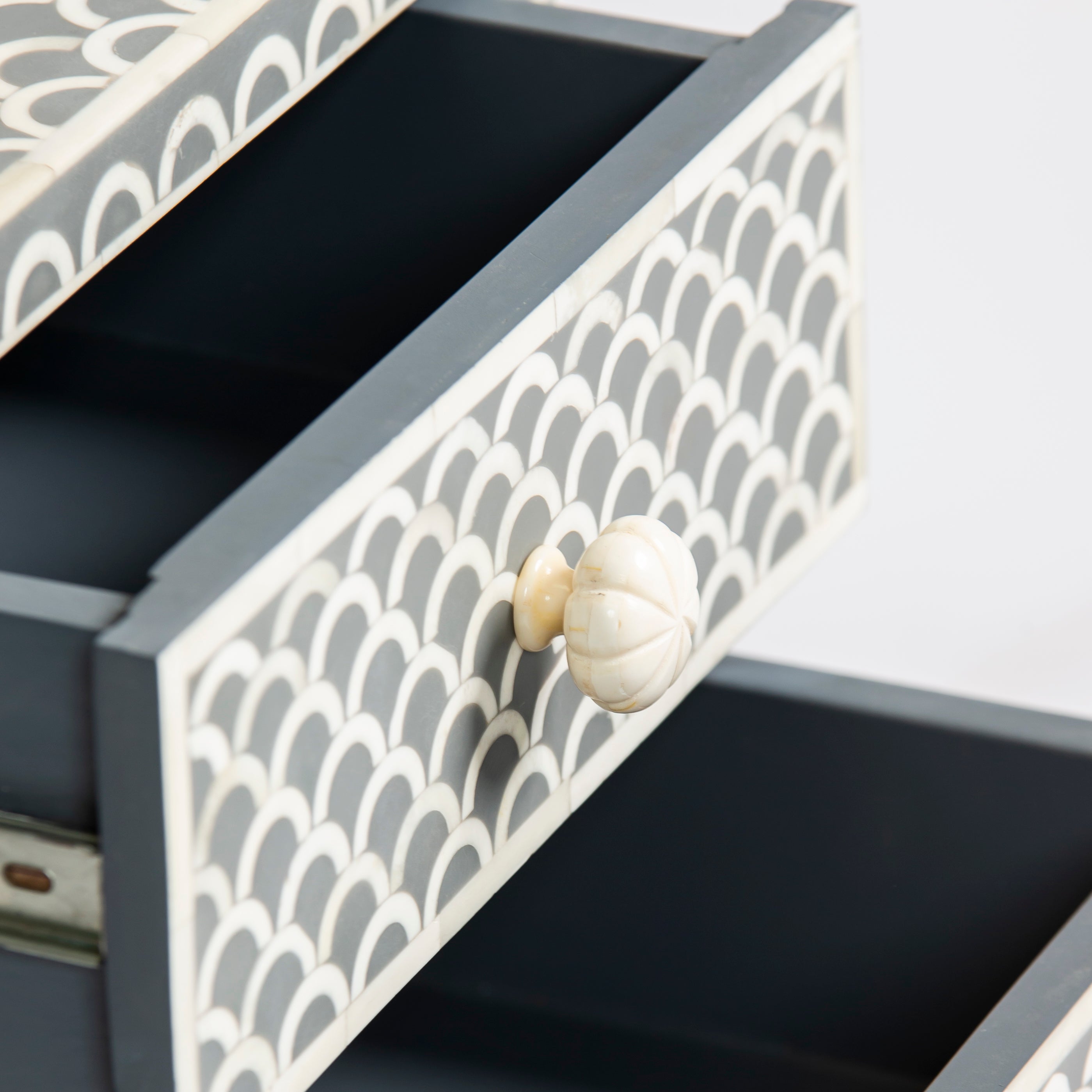 Bone inlay side drawer featuring scallop pattern in grey and white, handcrafted furniture piece