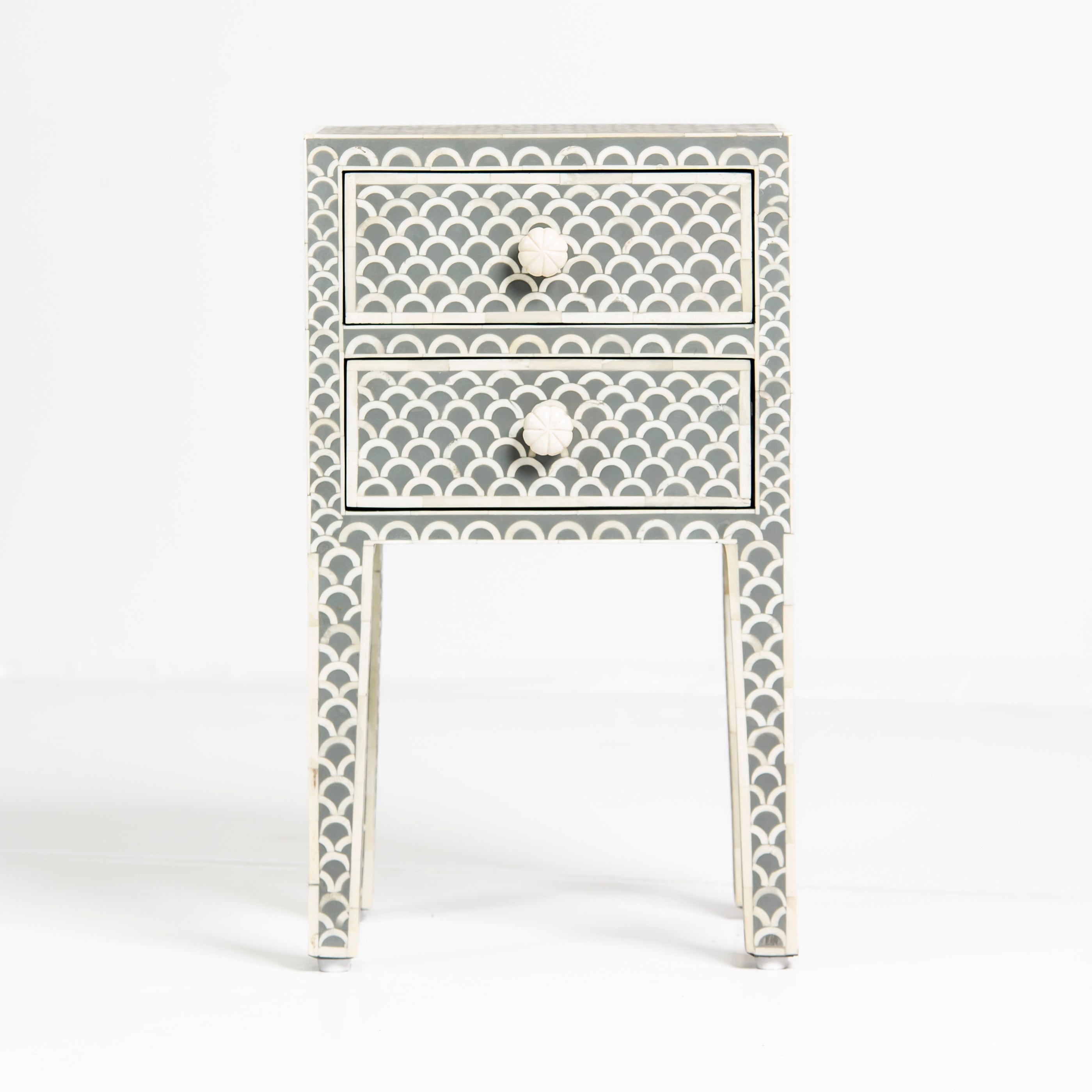 Bone inlay side drawer featuring scallop pattern in grey and white, handcrafted furniture piece