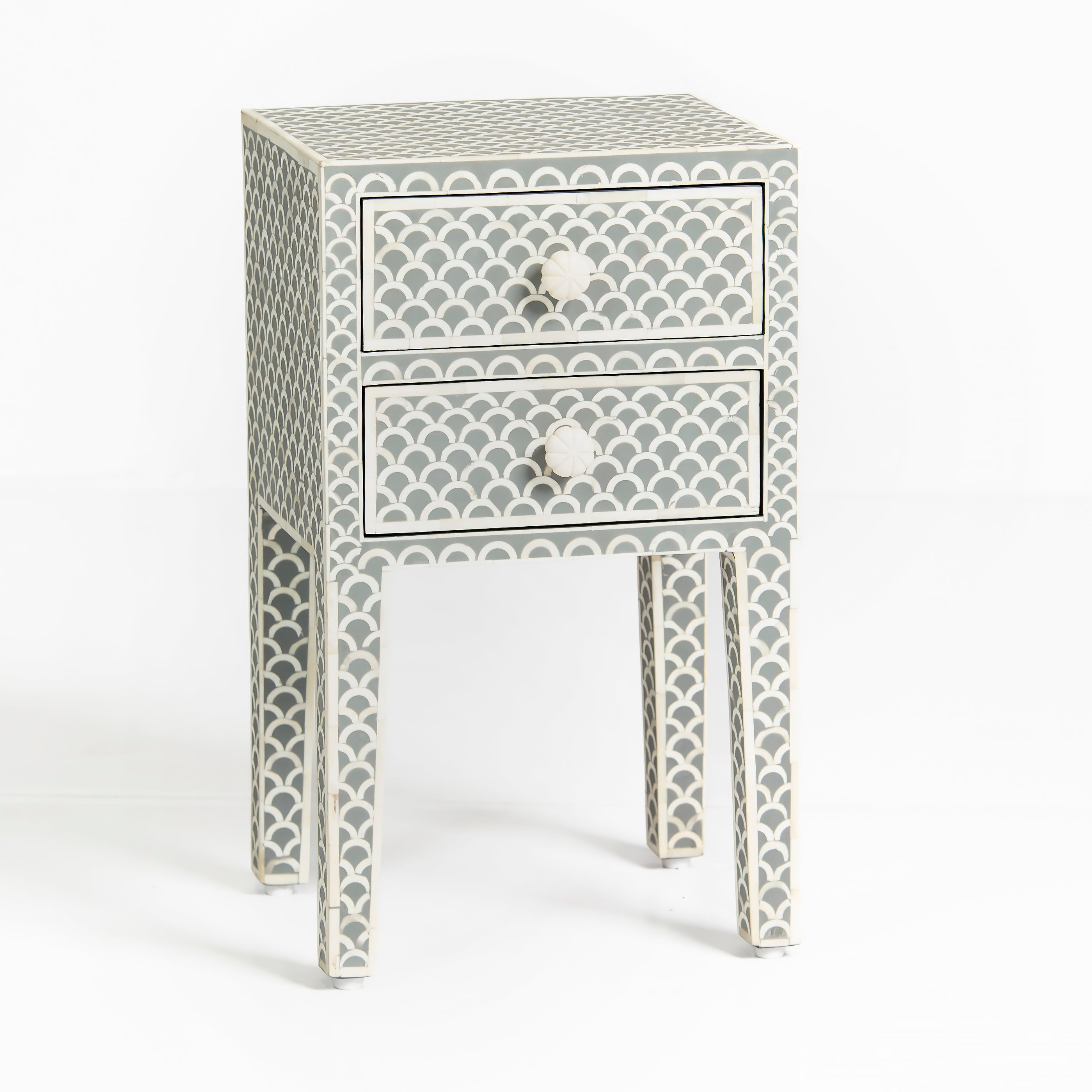 Bone inlay side drawer featuring scallop pattern in grey and white, handcrafted furniture piece