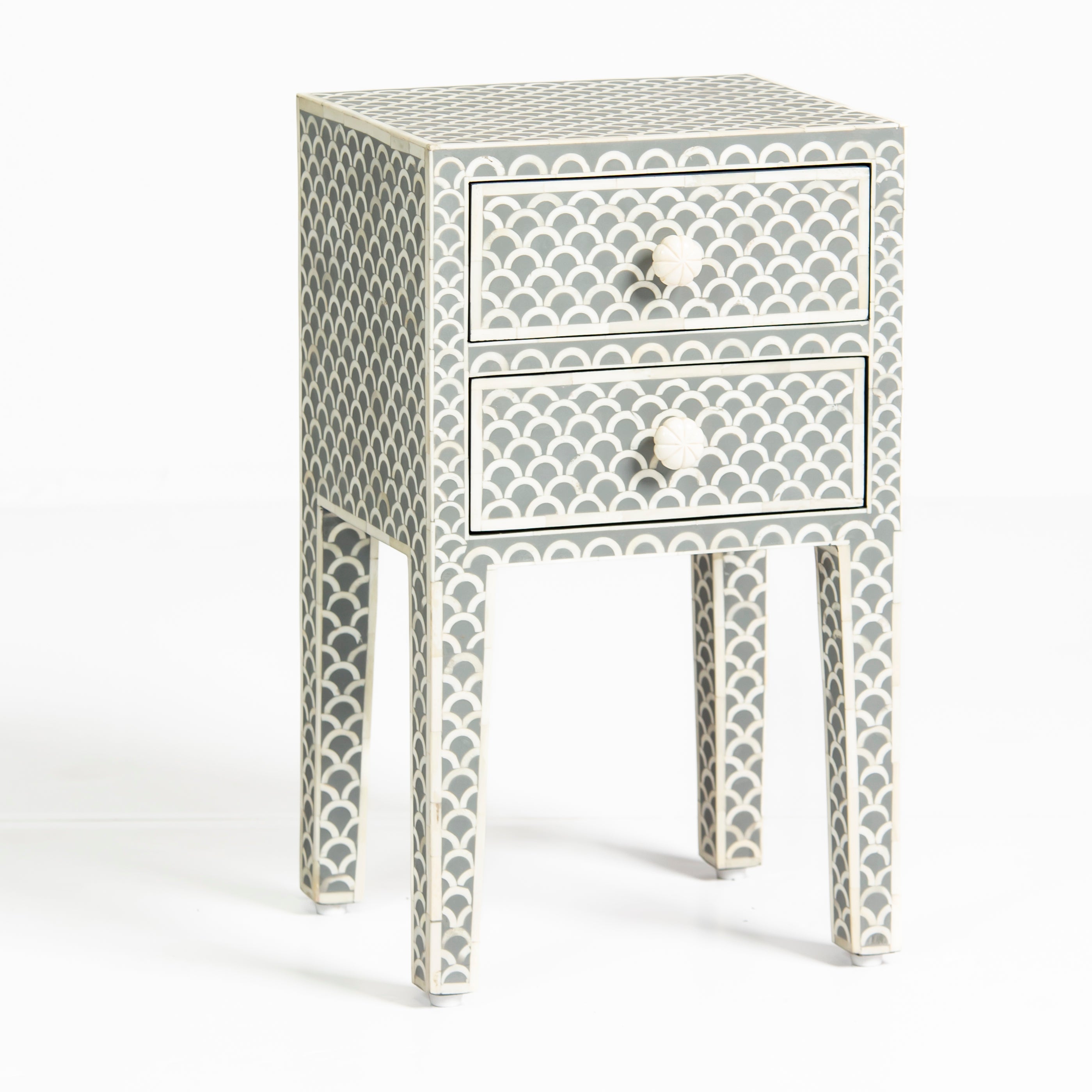 Bone inlay side drawer featuring scallop pattern in grey and white, handcrafted furniture piece
