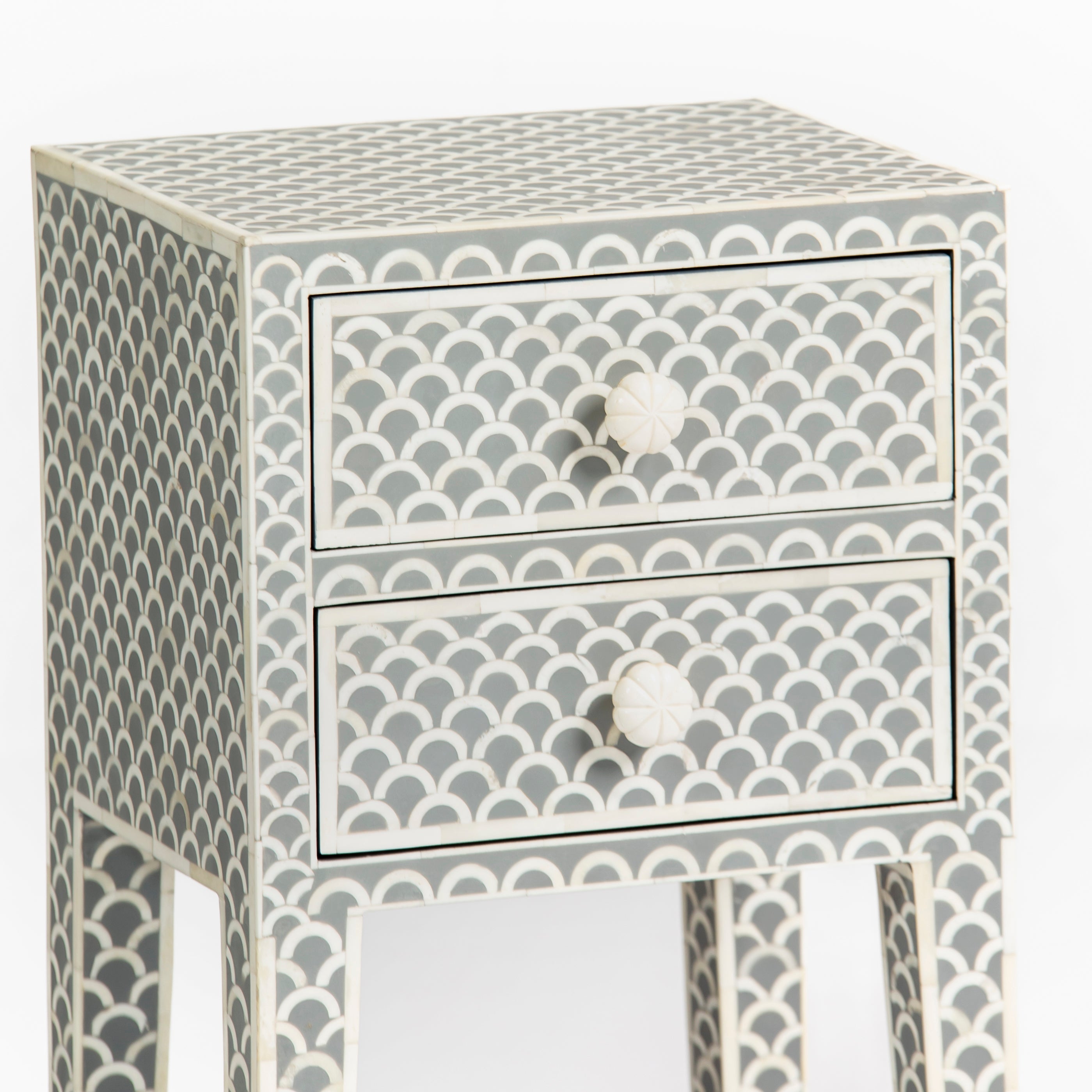 Bone inlay side drawer featuring scallop pattern in grey and white, handcrafted furniture piece