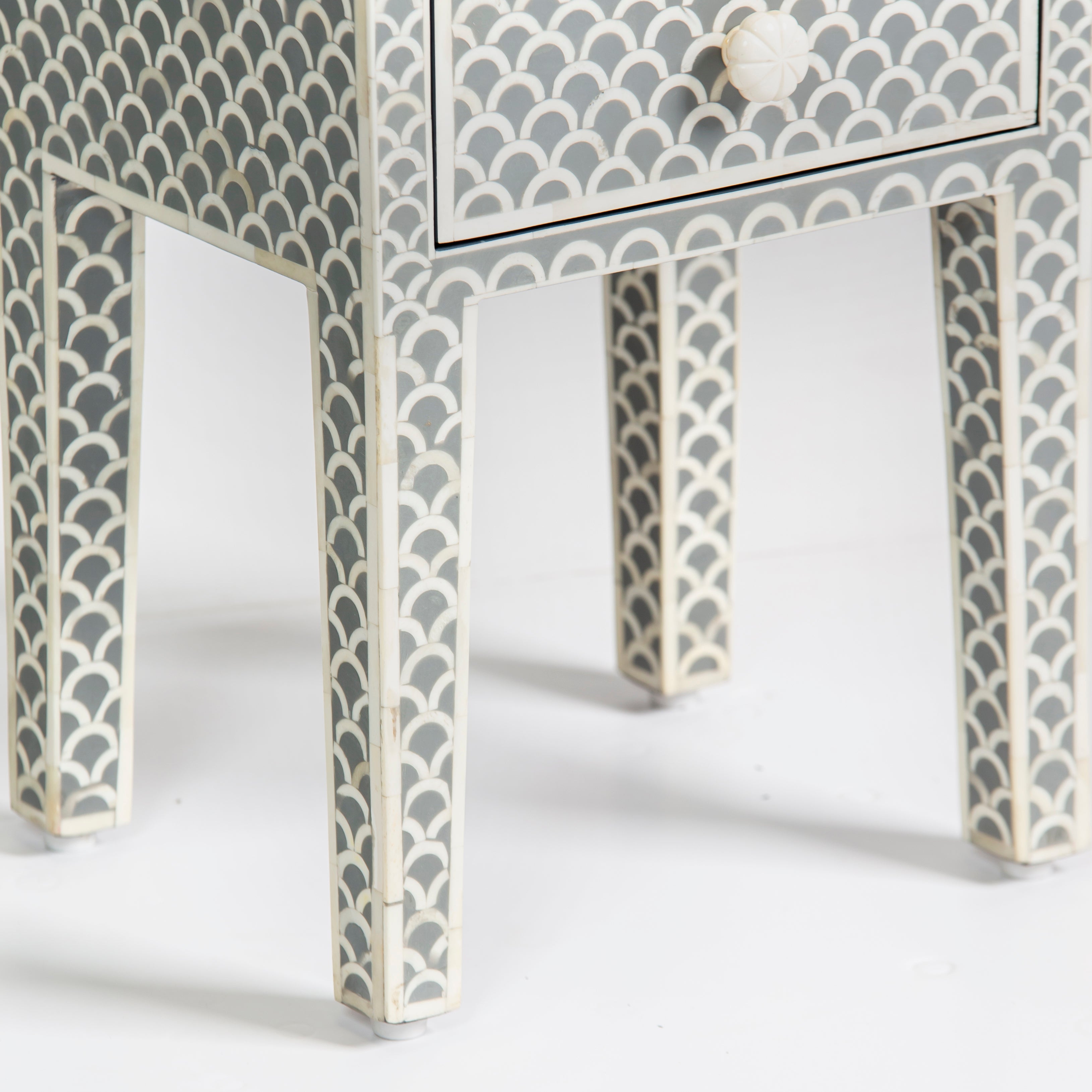Bone inlay side drawer featuring scallop pattern in grey and white, handcrafted furniture piece