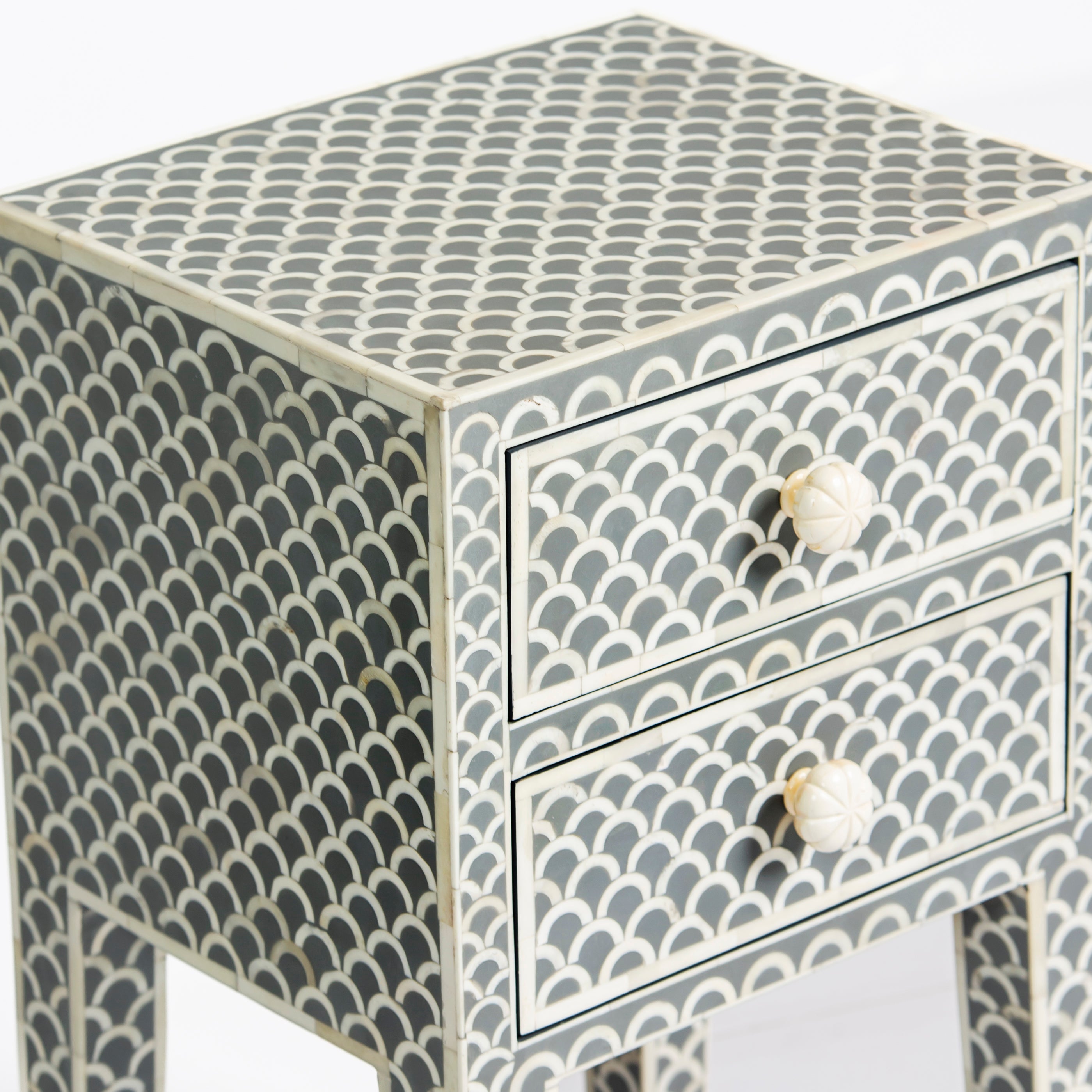 Bone inlay side drawer featuring scallop pattern in grey and white, handcrafted furniture piece