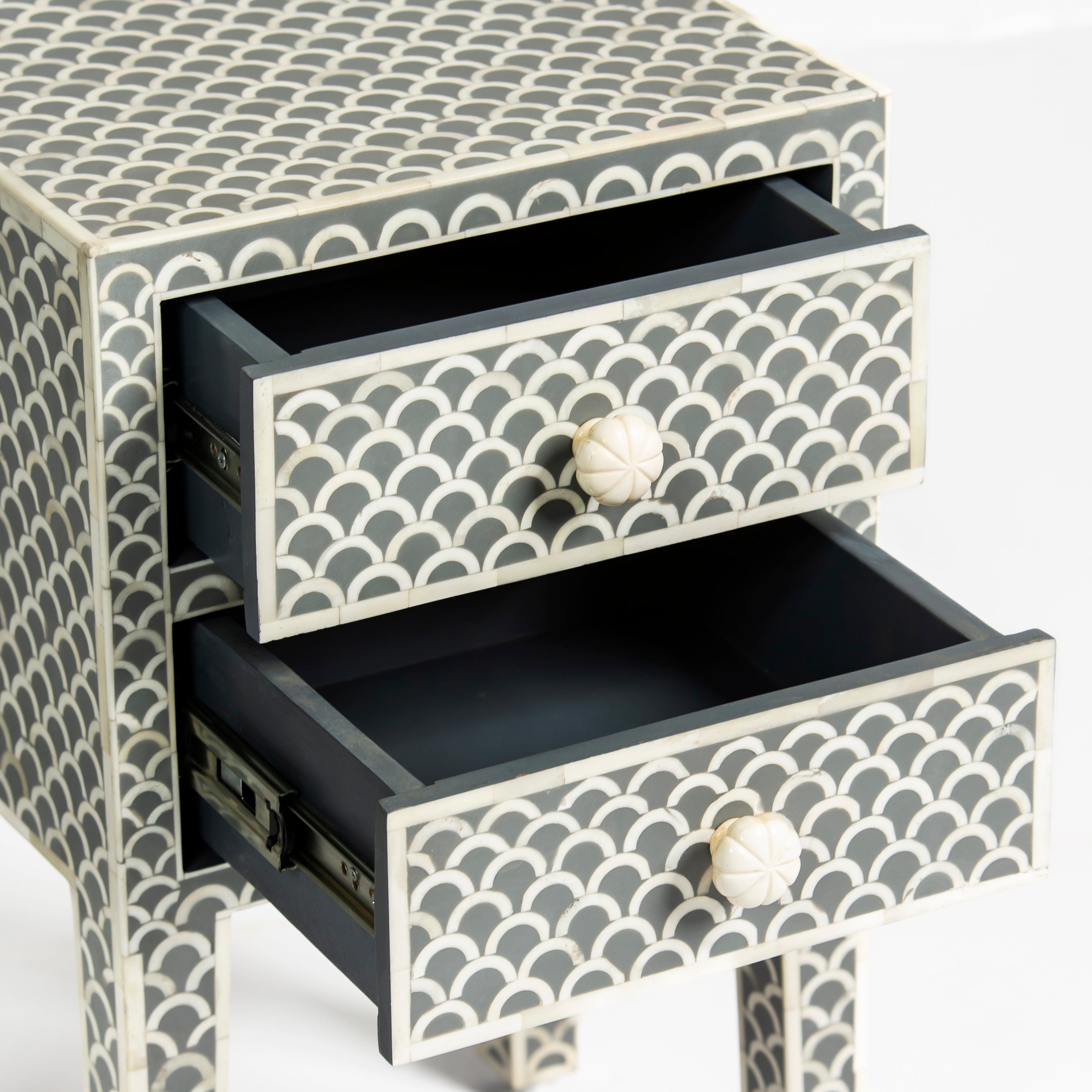 Bone inlay side drawer featuring scallop pattern in grey and white, handcrafted furniture piece