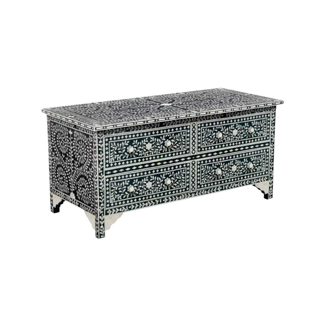 Featuring a Black Bone Inlay Chest of Drawer in floral pattern, the Iris collection enhances your space with intricately handcrafted designs that elevate your home and living aesthetics. 