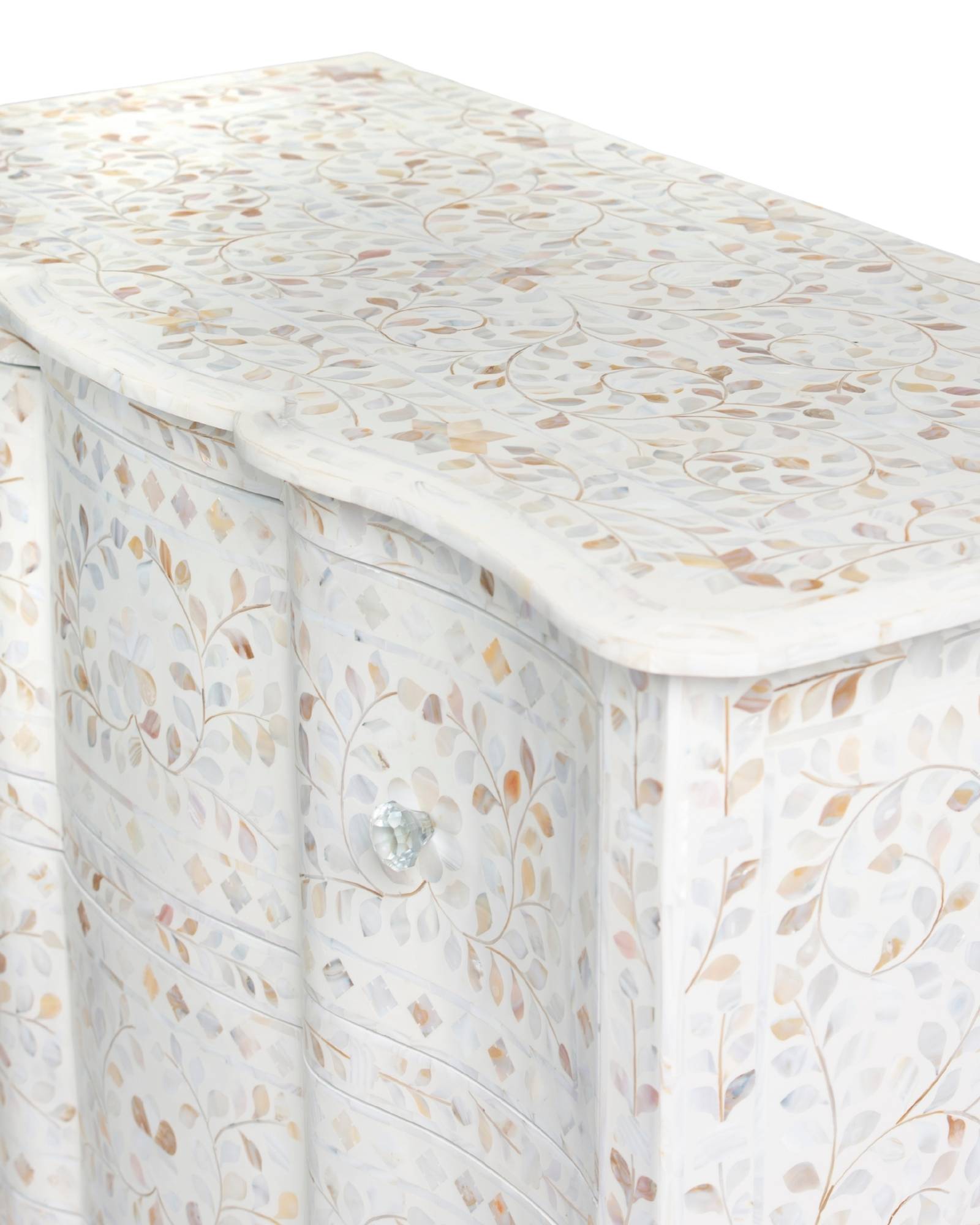 Mother of pearl inlay chest of drawers featuring intricate floral pattern in white and multitone, handcrafted furniture piece