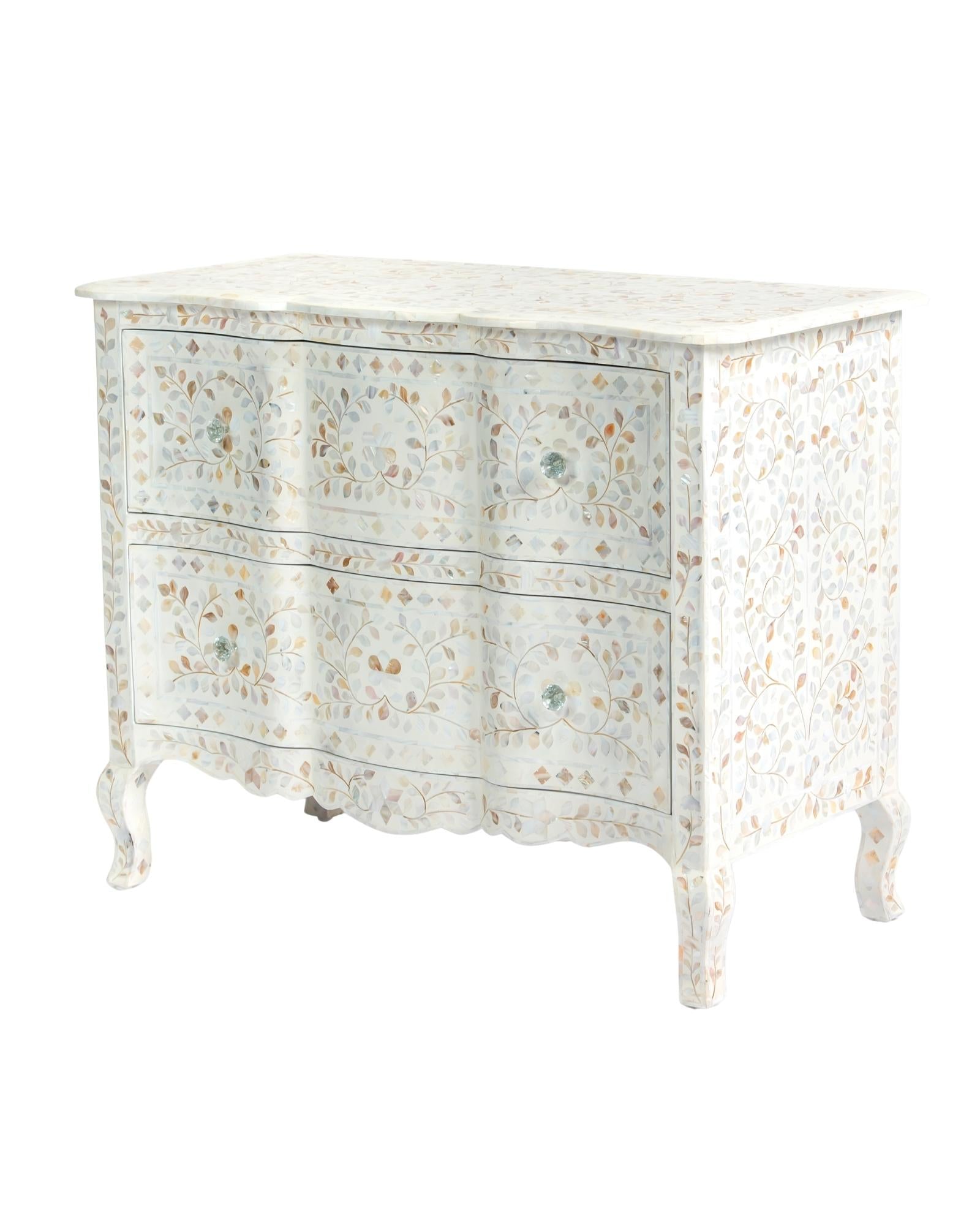 Mother of pearl inlay chest of drawers featuring intricate floral pattern in white and multitone, handcrafted furniture piece