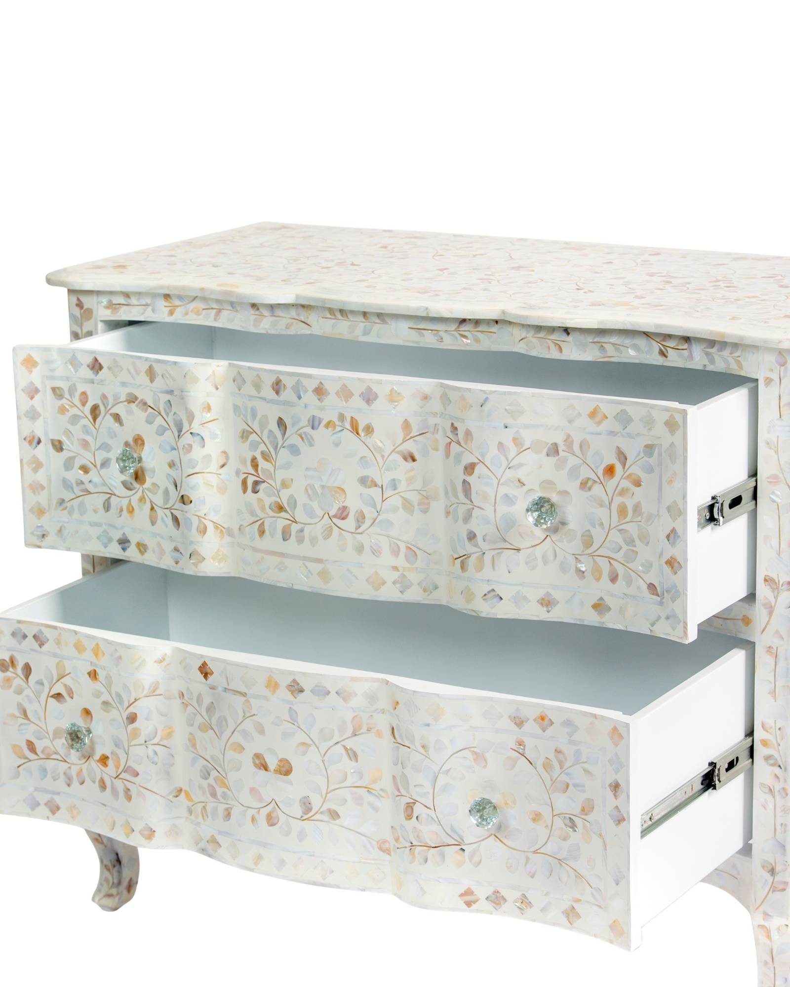 Mother of pearl inlay chest of drawers featuring intricate floral pattern in white and multitone, handcrafted furniture piece