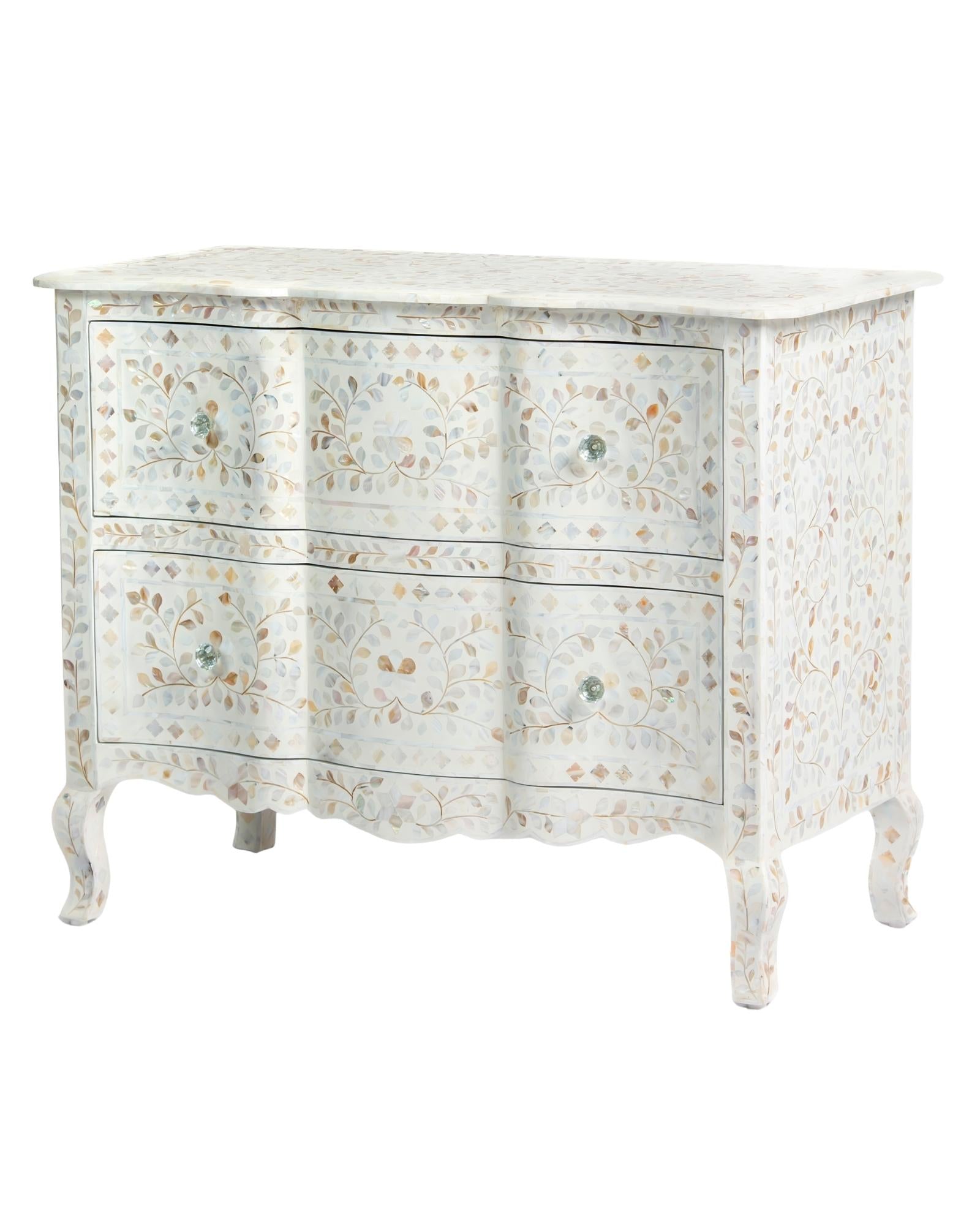 Mother of pearl inlay chest of drawers featuring intricate floral pattern in white and multitone, handcrafted furniture piece