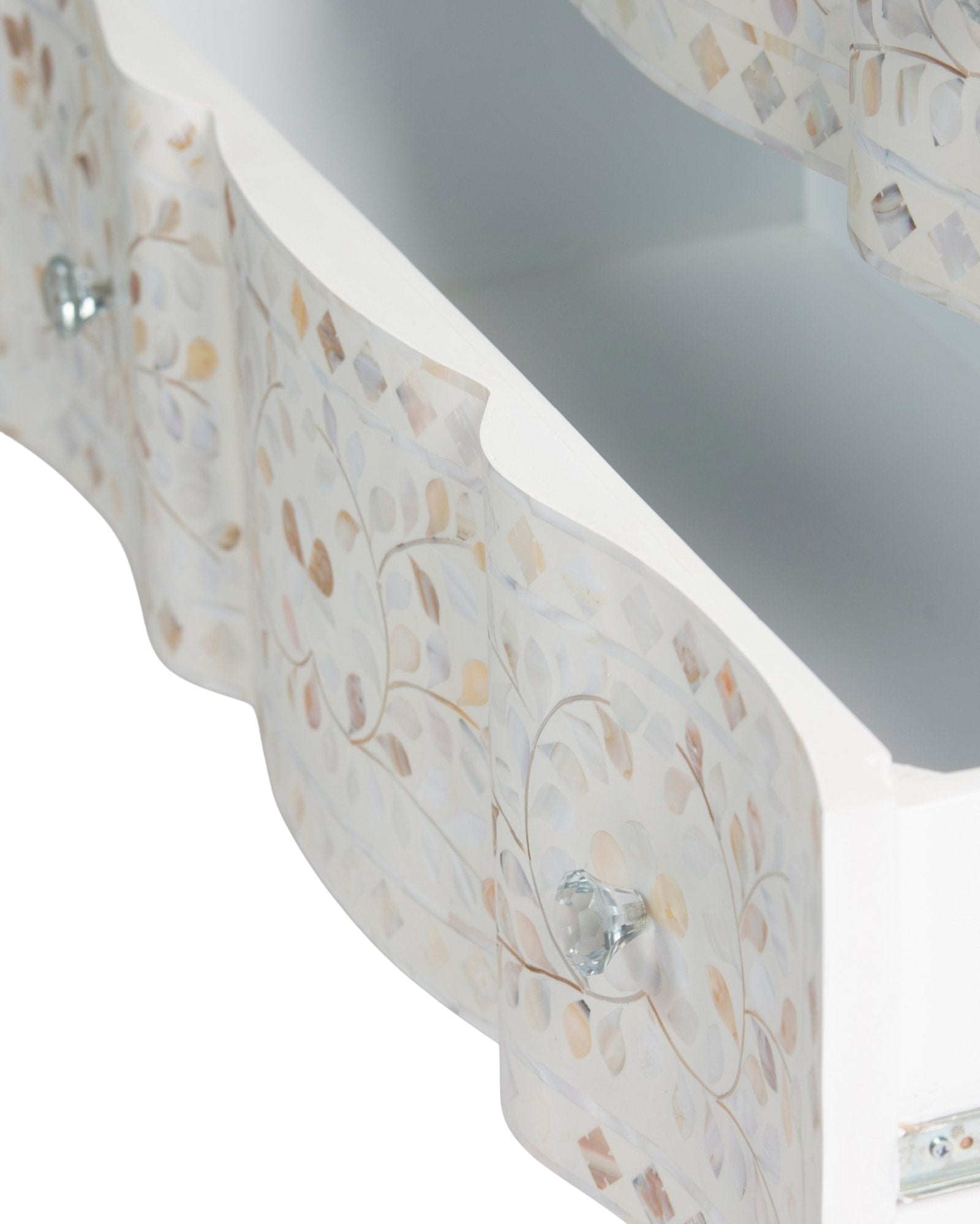 Mother of pearl inlay chest of drawers featuring intricate floral pattern in white and multitone, handcrafted furniture piece