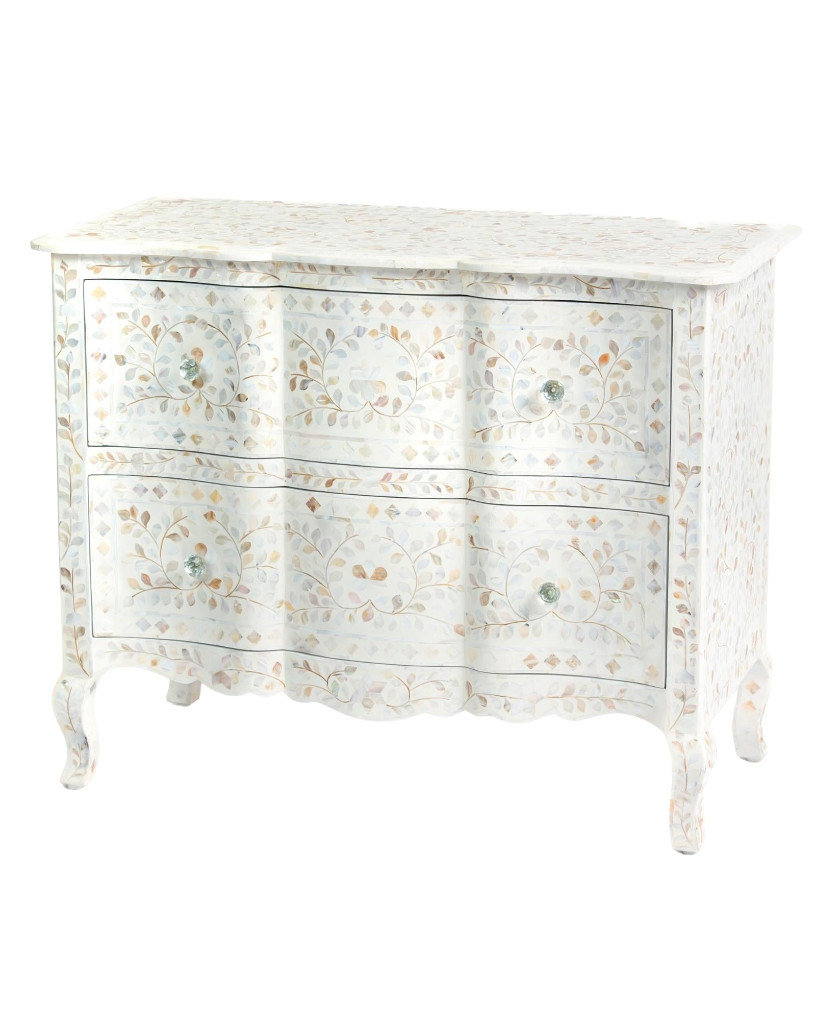 Mother of pearl inlay chest of drawers featuring intricate floral pattern in white and multitone, handcrafted furniture piece
