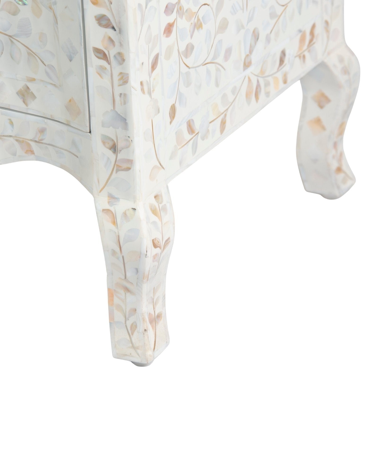 Mother of pearl inlay chest of drawers featuring intricate floral pattern in white and multitone, handcrafted furniture piece