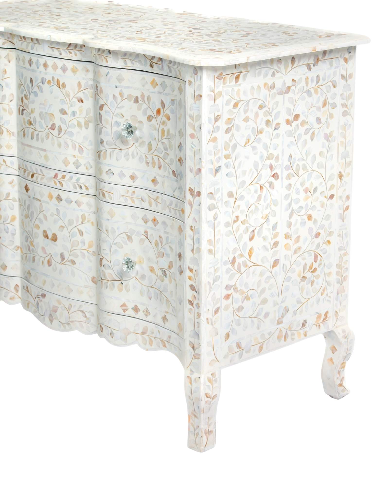 Mother of pearl inlay chest of drawers featuring intricate floral pattern in white and multitone, handcrafted furniture piece