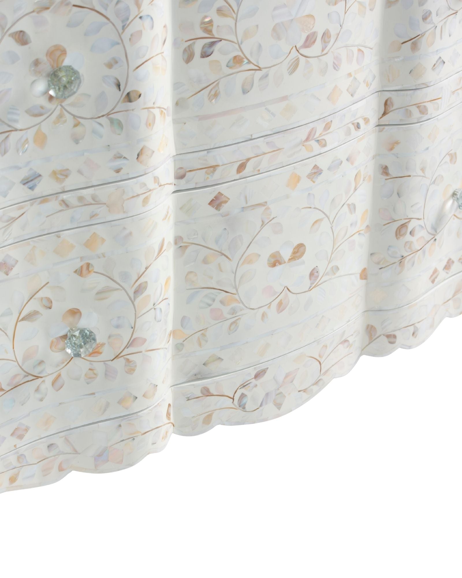 Mother of pearl inlay chest of drawers featuring intricate floral pattern in white and multitone, handcrafted furniture piece