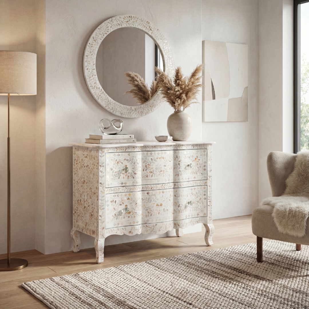 Mother of pearl inlay chest of drawers featuring intricate floral pattern in white and multitone, handcrafted furniture piece