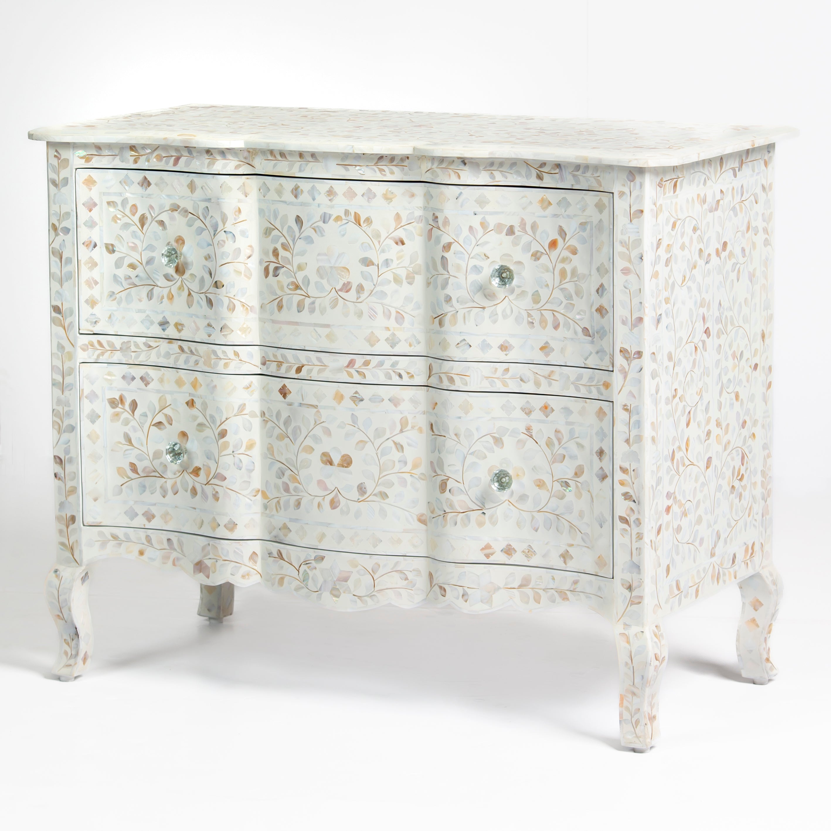 Mother of pearl inlay chest of drawers featuring intricate floral pattern in white and multitone, handcrafted furniture piece