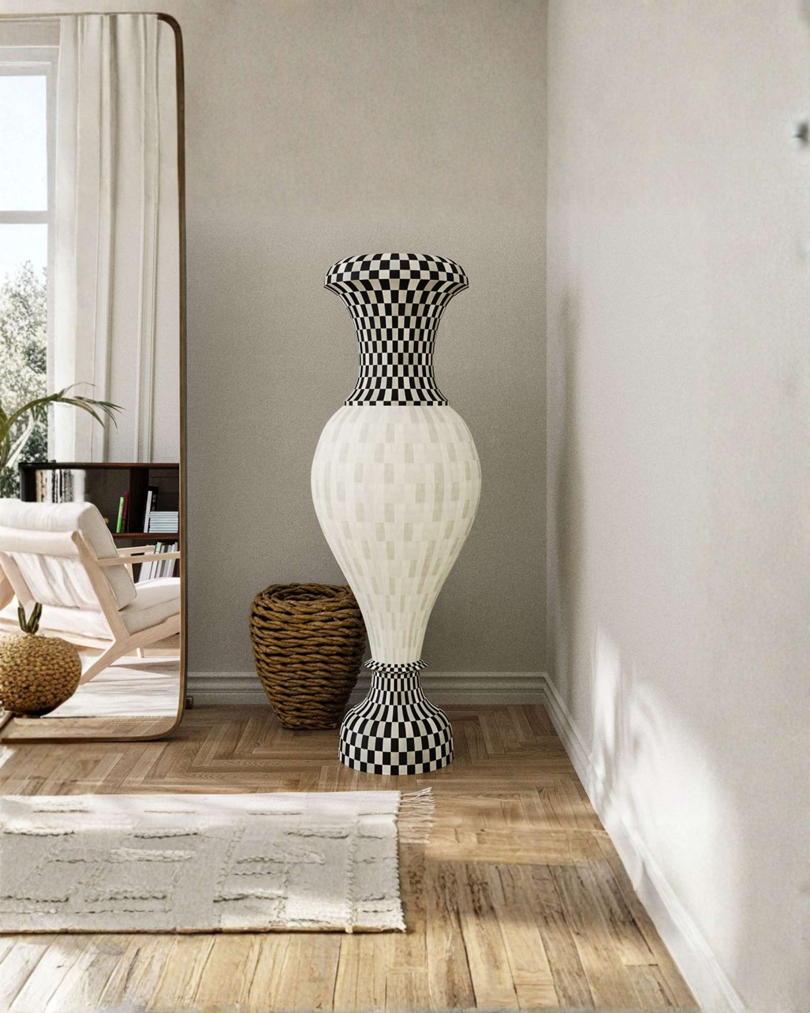 Tall bone inlay vase with black-and-white checkered neck and base, white mosaic