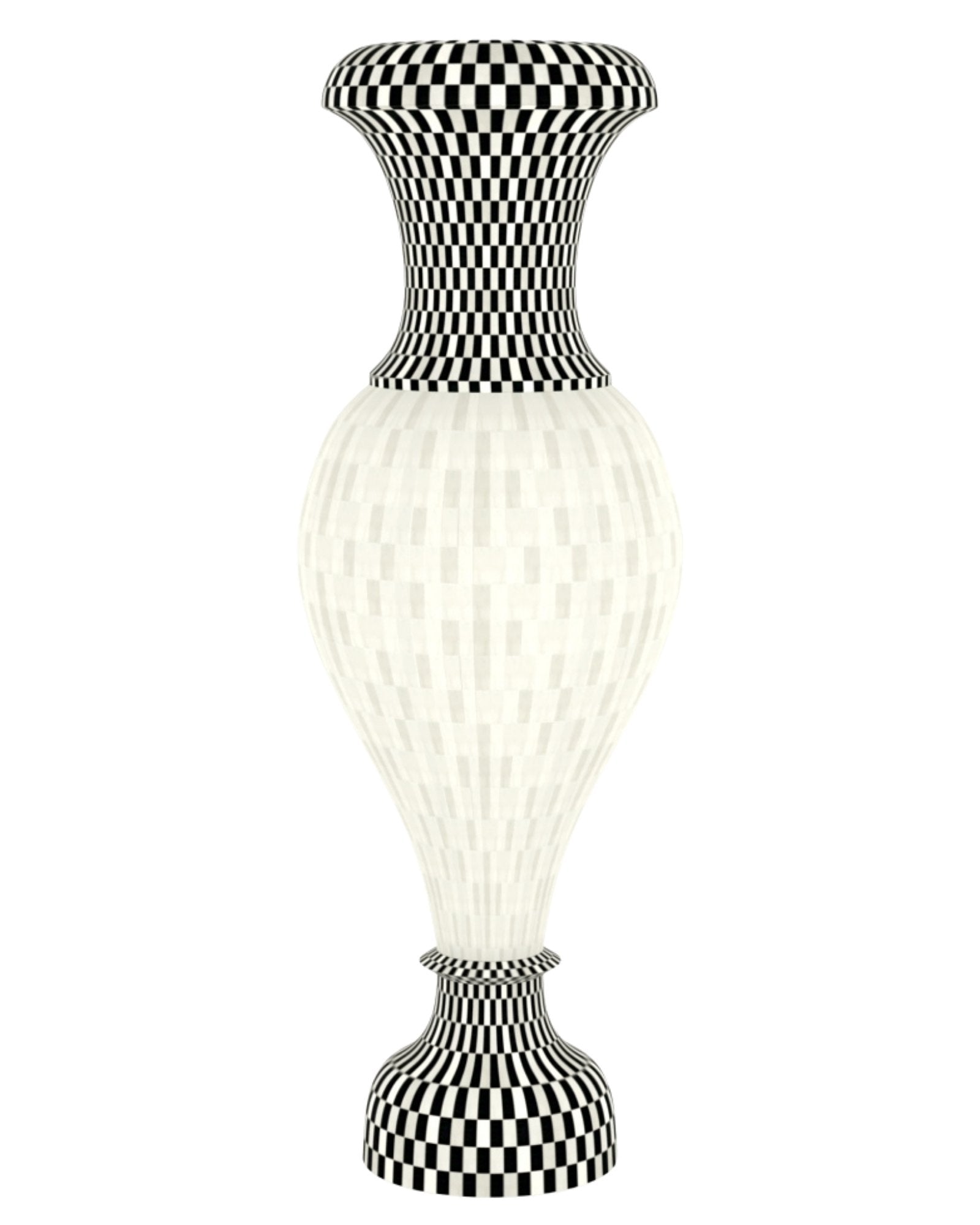 Tall bone inlay vase with black-and-white checkered neck and base, white mosaic
