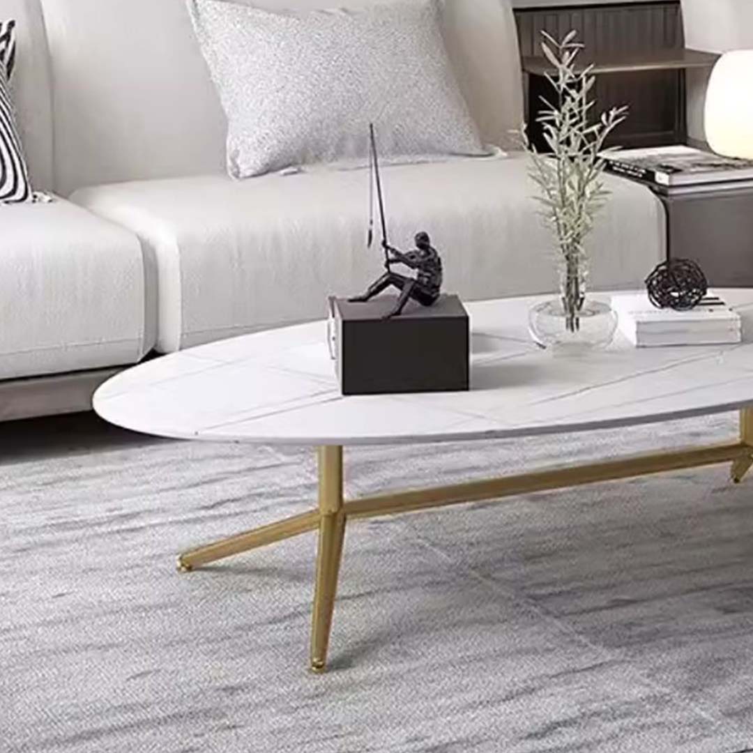 Oval white marble coffee table with subtle gold vein detailing and sleek gold legs. A modern and elegant addition to any living space.