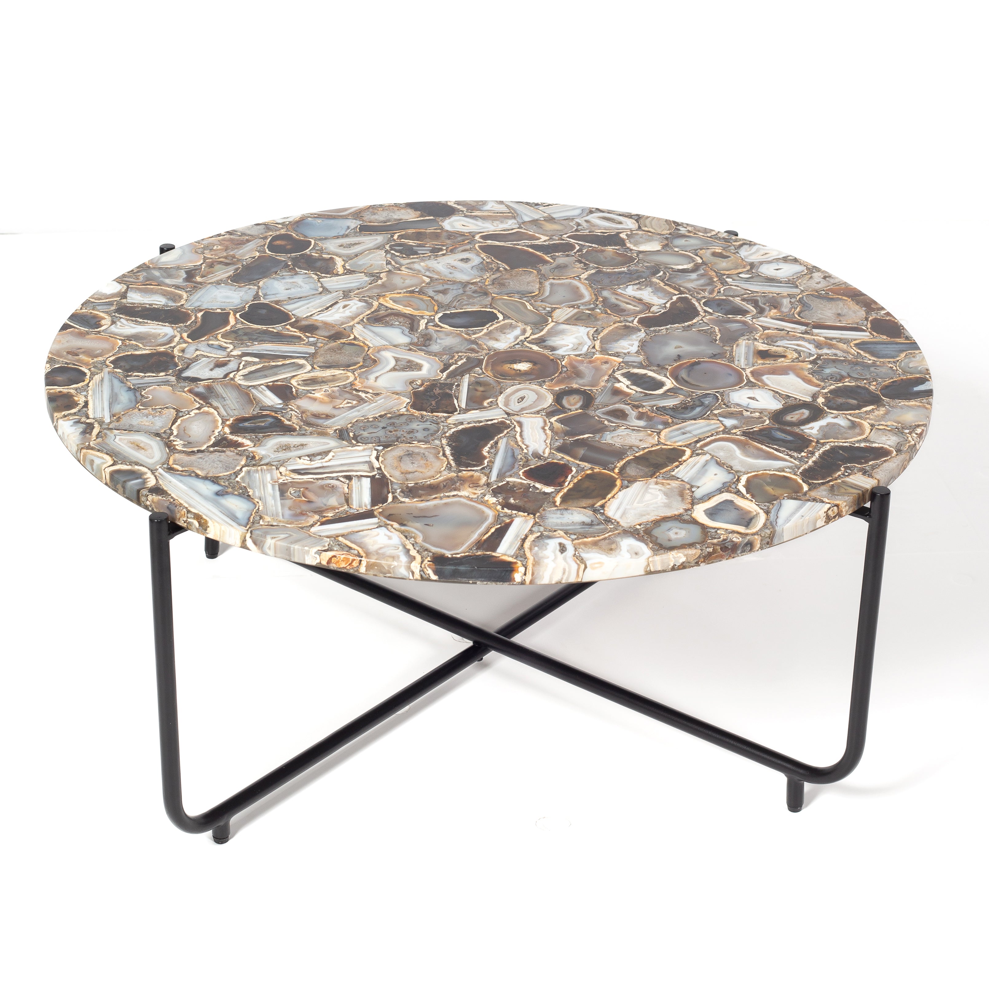 Round coffee table with genuine agate stone top and sleek black metal base, modern and luxurious centerpiece design.