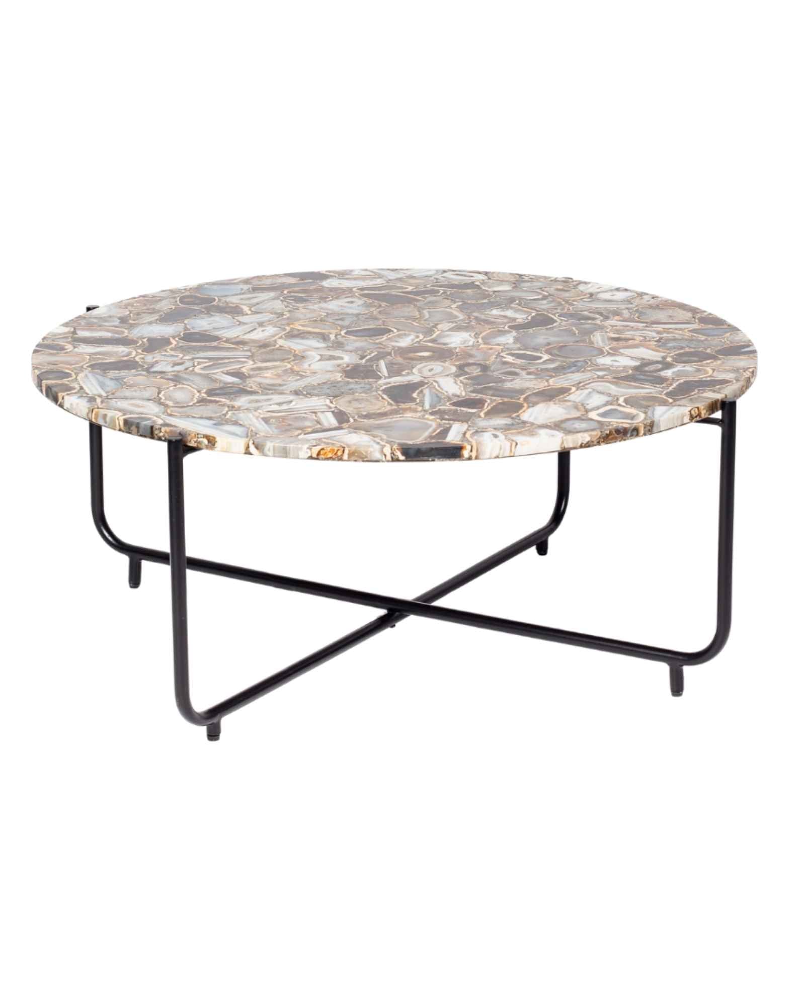 Round coffee table with genuine agate stone top and sleek black metal base, modern and luxurious centerpiece design.