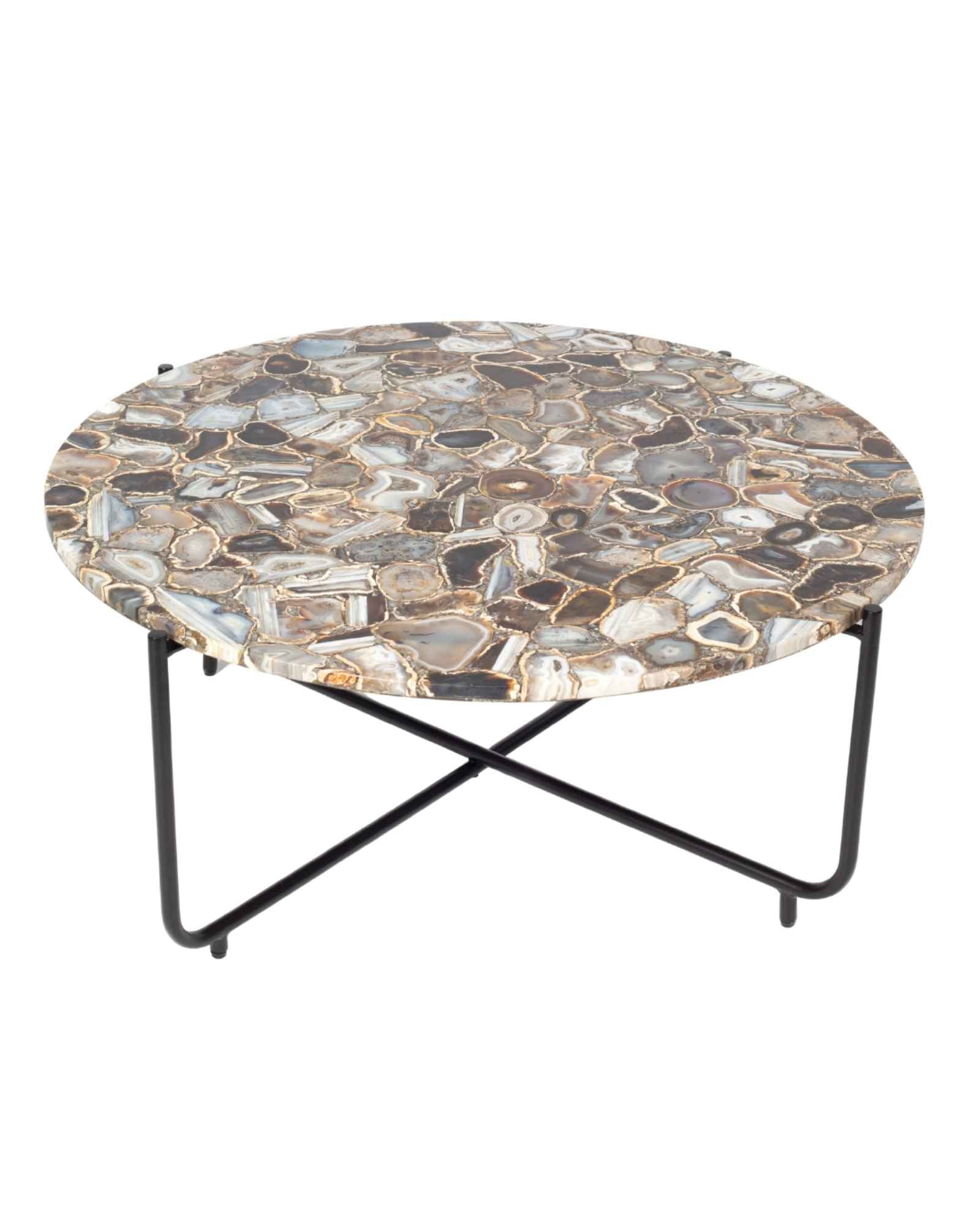 Round coffee table with genuine agate stone top and sleek black metal base, modern and luxurious centerpiece design.
