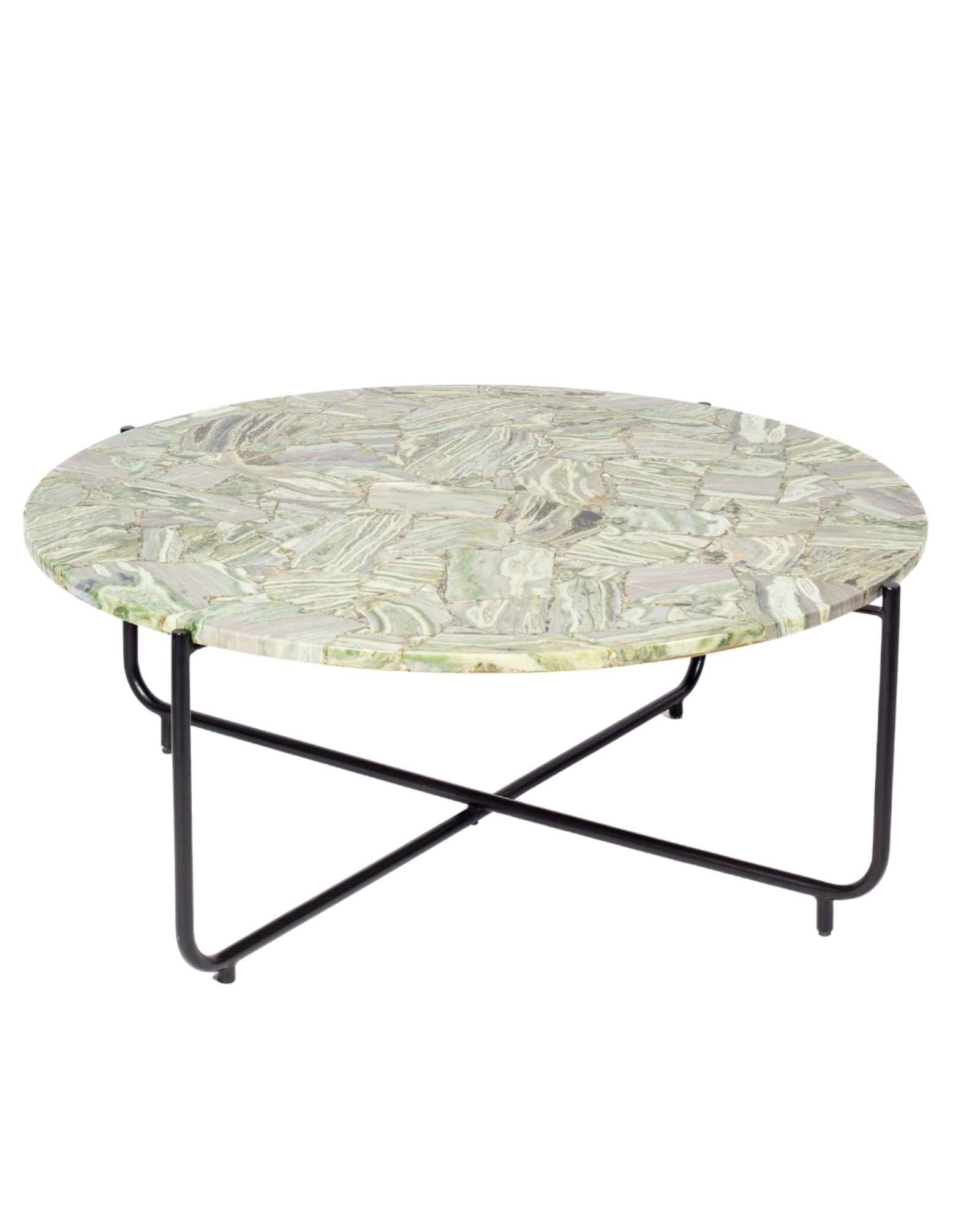 Handcrafted agate coffee table with round stone top and black metal base, artisan-made heritage piece.