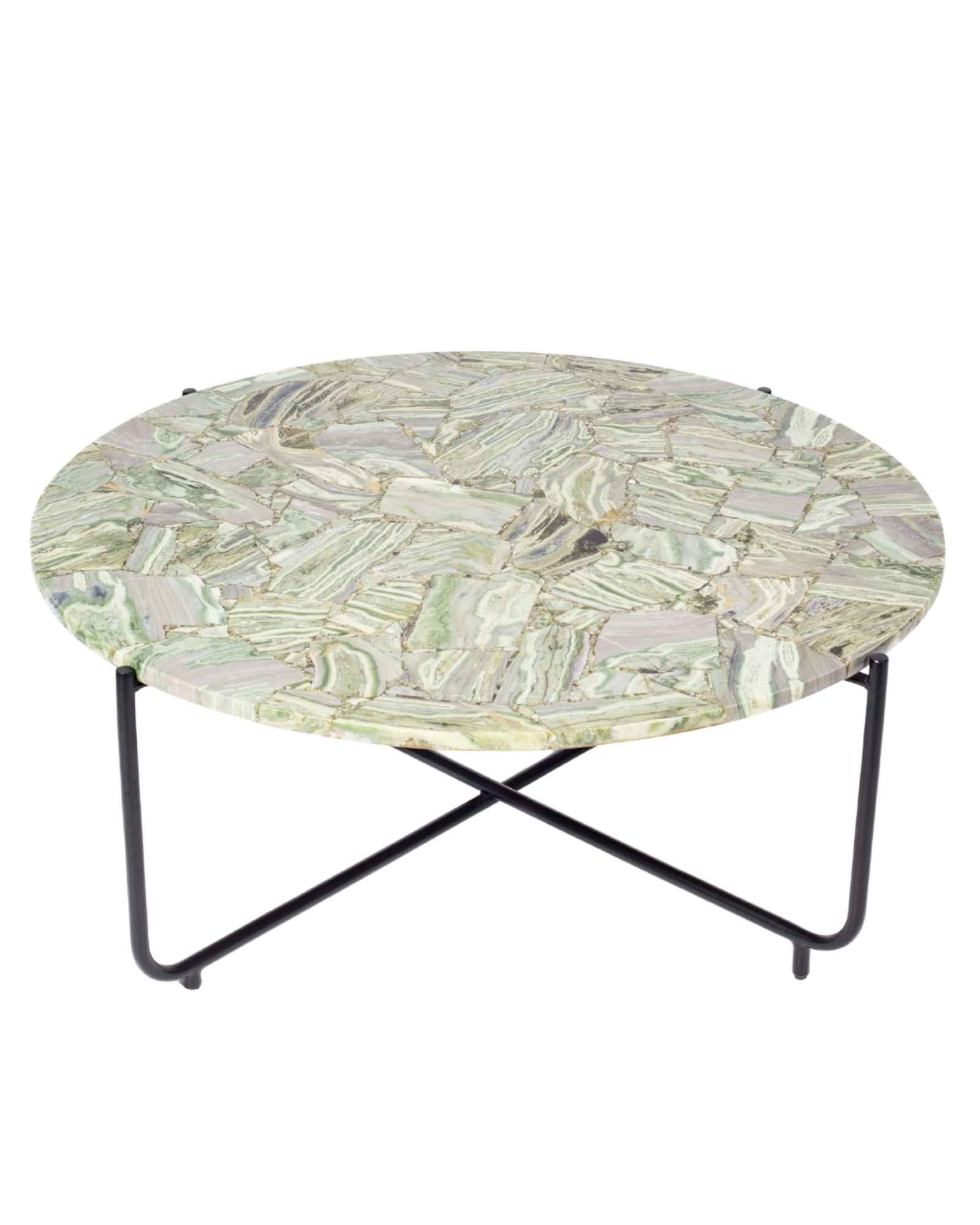 Handcrafted agate coffee table with round stone top and black metal base, artisan-made heritage piece.