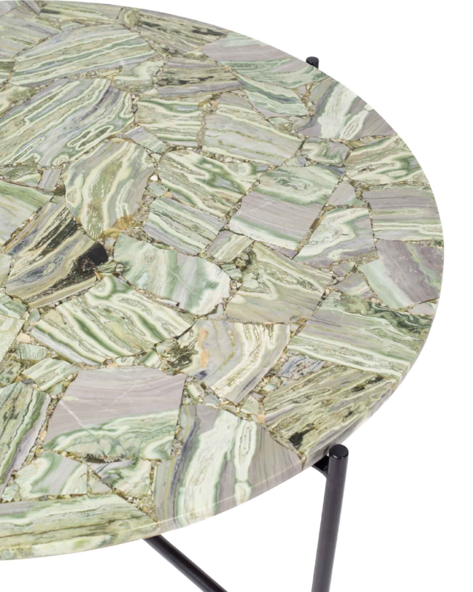 Handcrafted agate coffee table with round stone top and black metal base, artisan-made heritage piece.