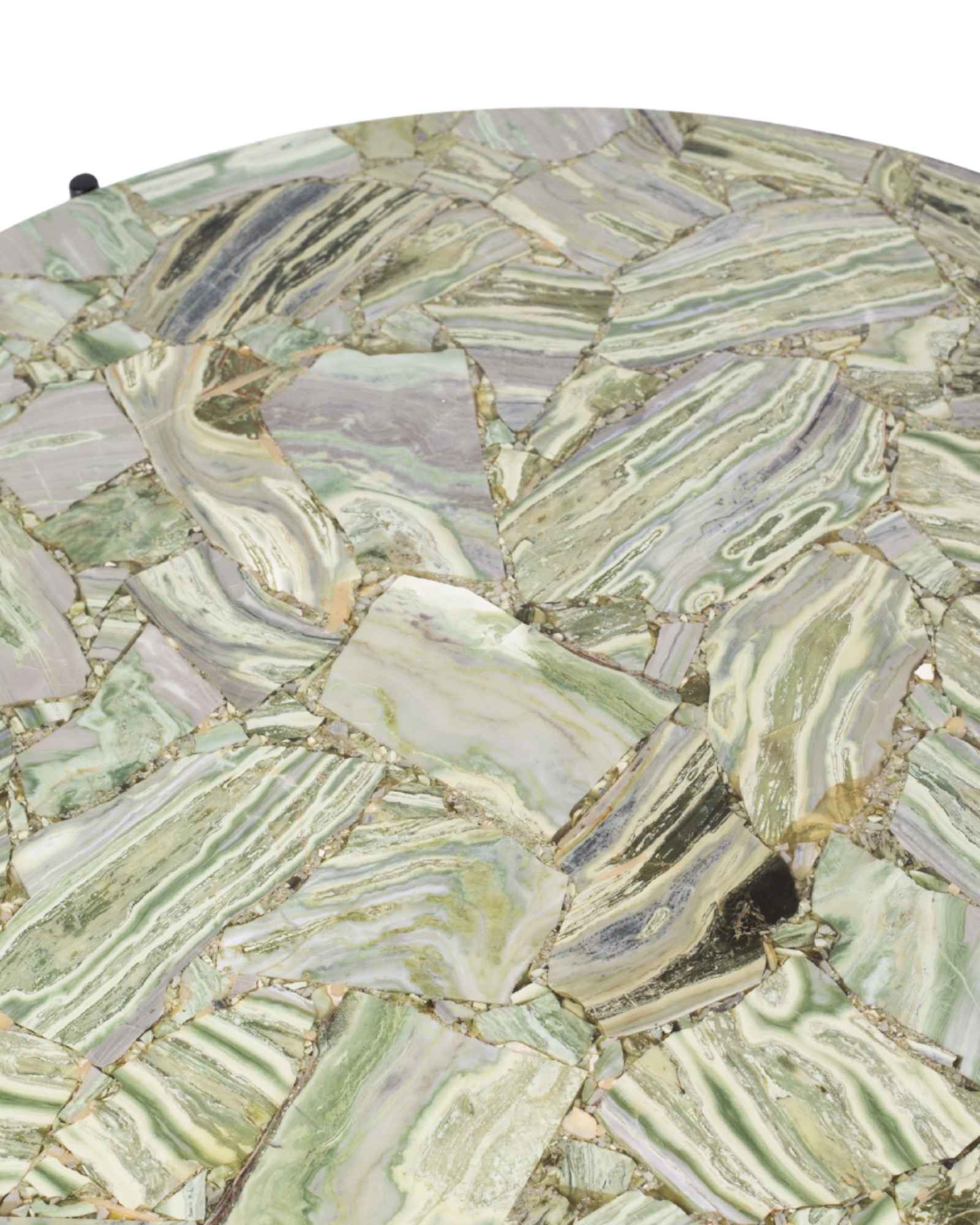 Handcrafted agate coffee table with round stone top and black metal base, artisan-made heritage piece.
