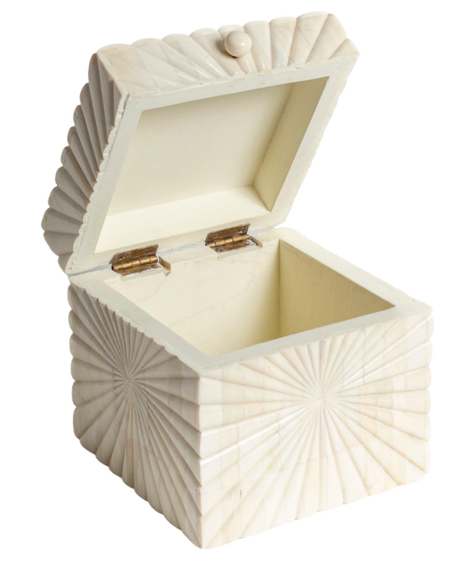 Hand carved bone decorative box with radial geometric pattern, handcrafted storage box in natural ivory finish.
