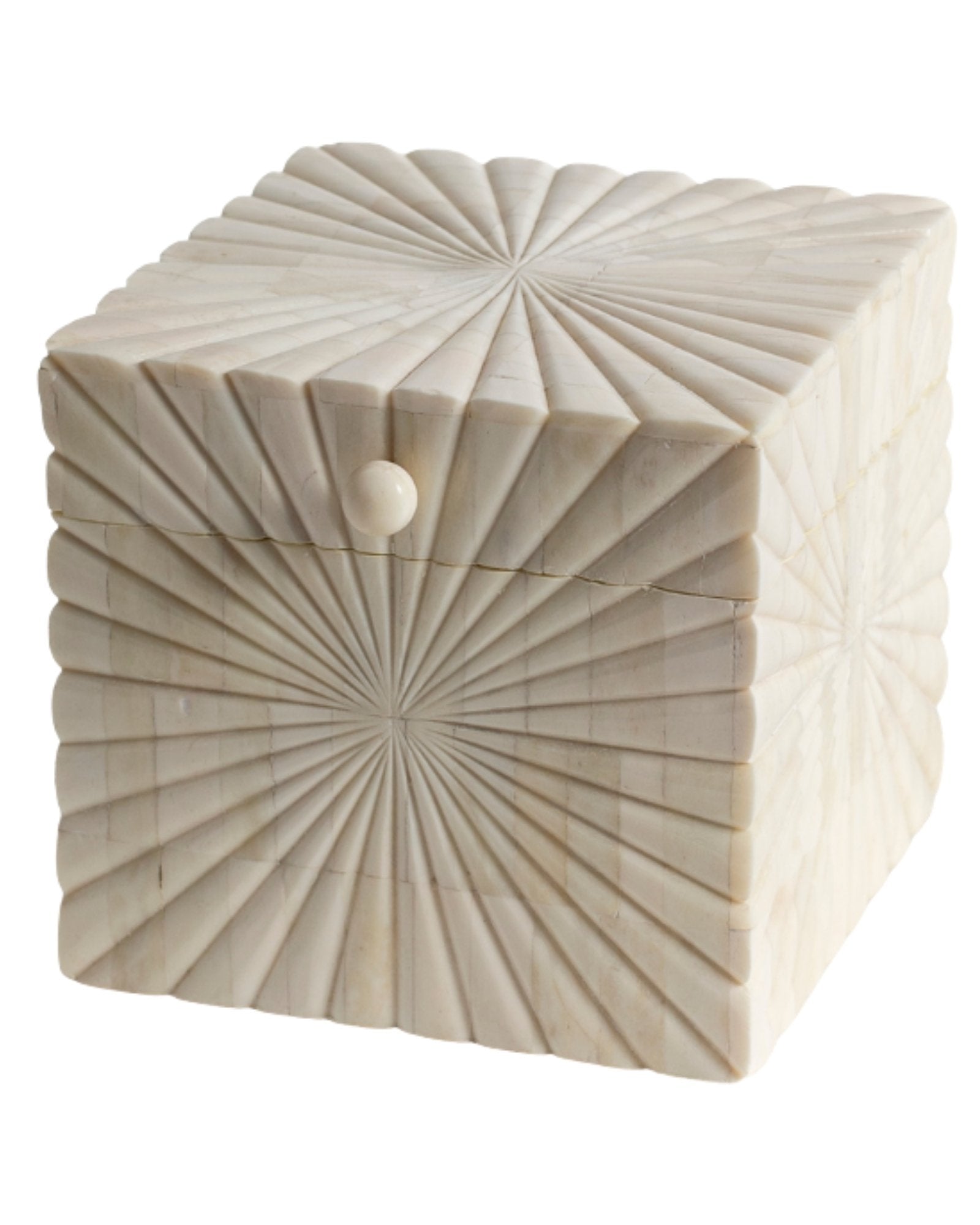 Hand carved bone decorative box with radial geometric pattern, handcrafted storage box in natural ivory finish.
