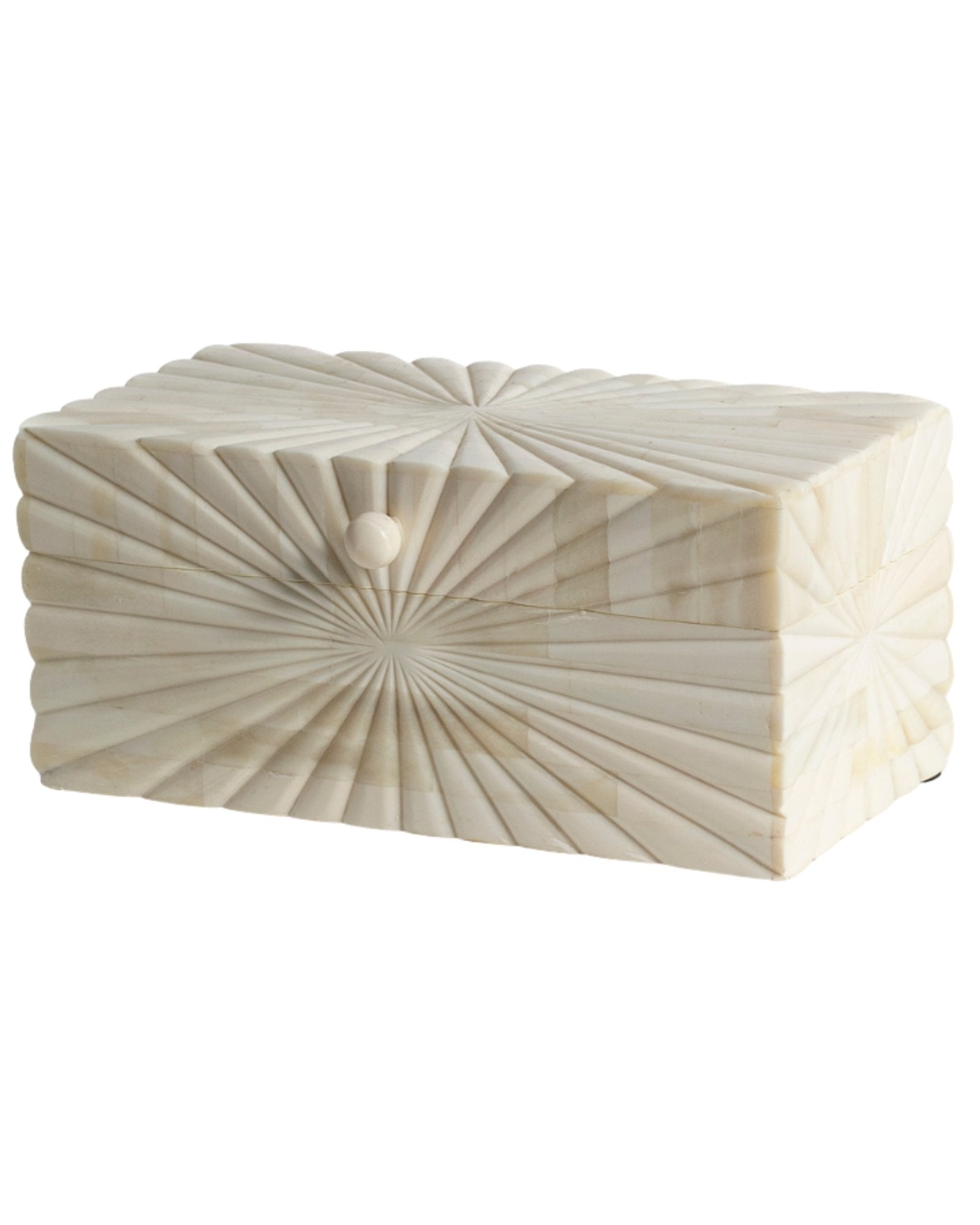 Hand carved bone decorative box with radial geometric pattern, handcrafted storage box in natural ivory finish.