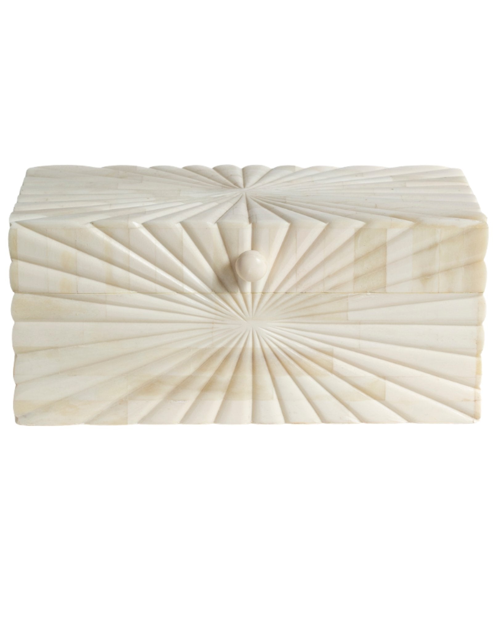 Hand carved bone decorative box with radial geometric pattern, handcrafted storage box in natural ivory finish.