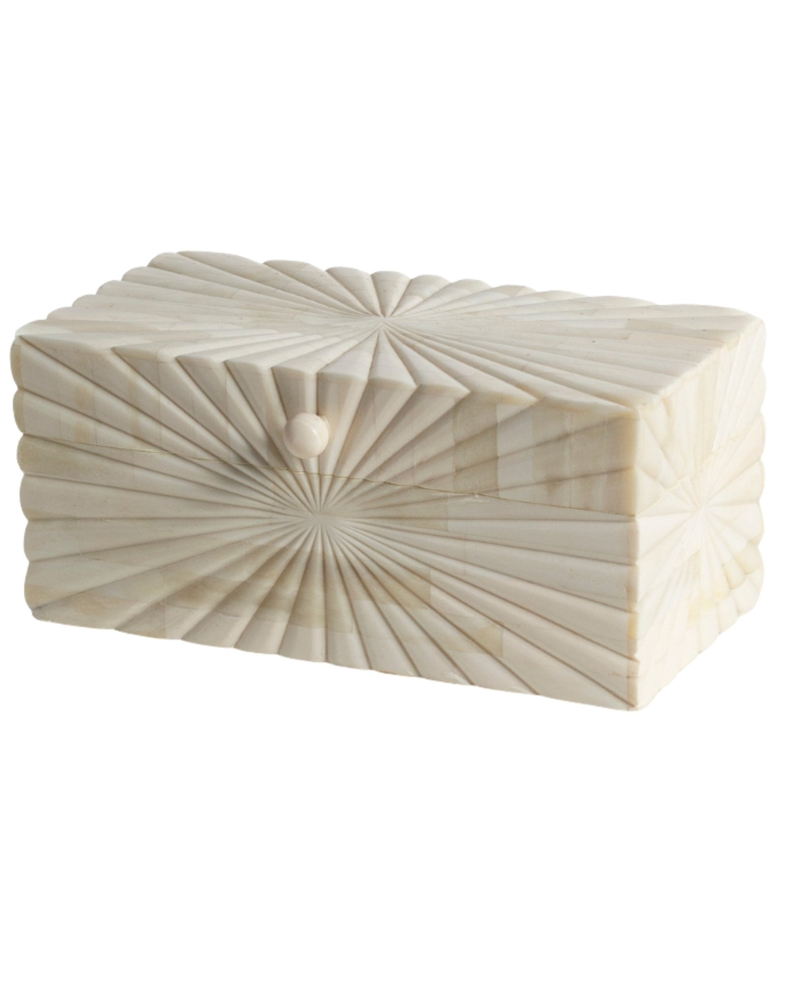 Hand carved bone decorative box with radial geometric pattern, handcrafted storage box in natural ivory finish.