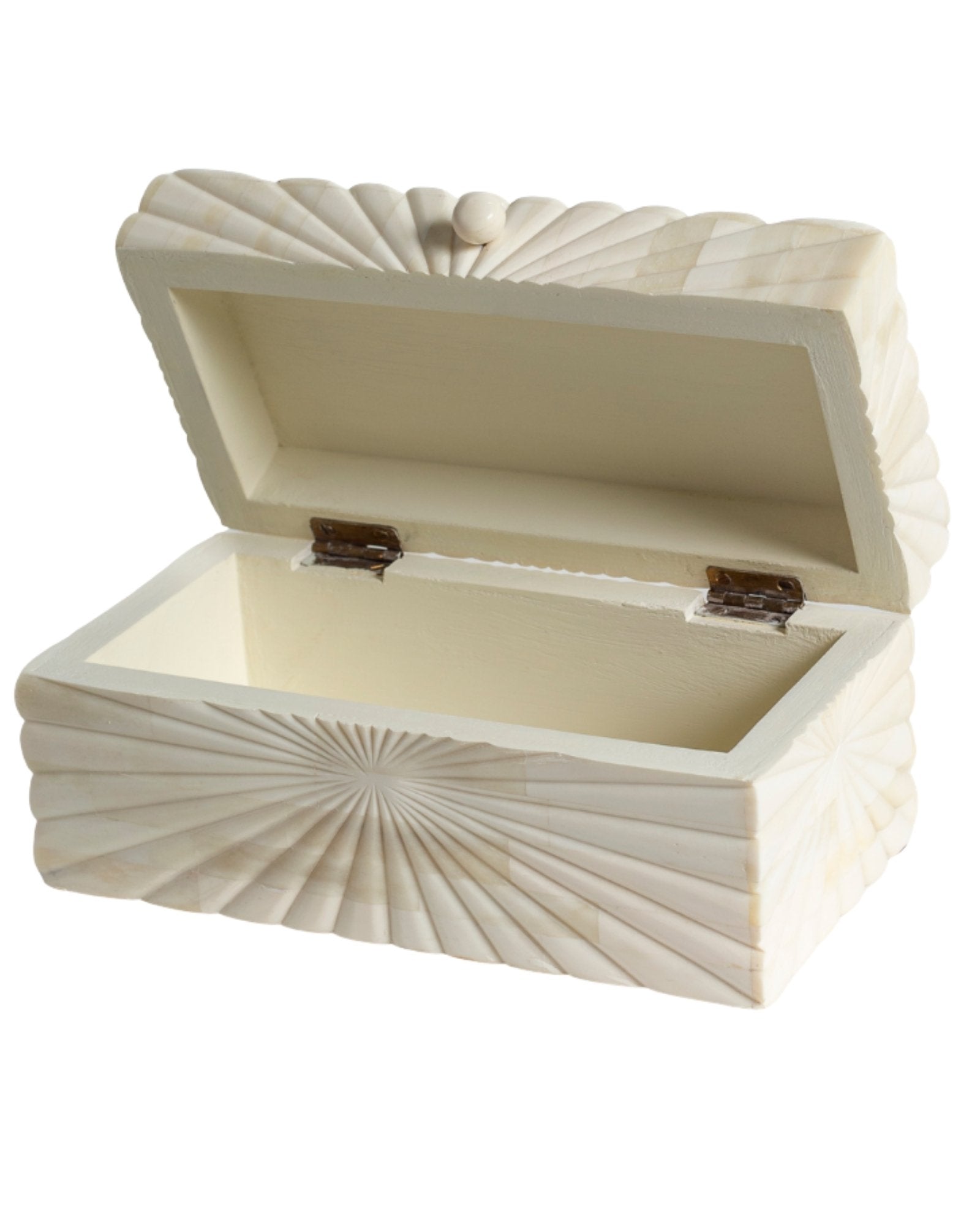 Hand carved bone decorative box with radial geometric pattern, handcrafted storage box in natural ivory finish.