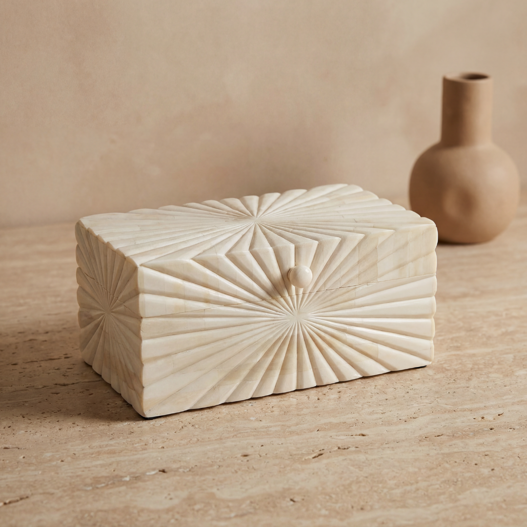 Hand carved bone decorative box with radial geometric pattern, handcrafted storage box in natural ivory finish