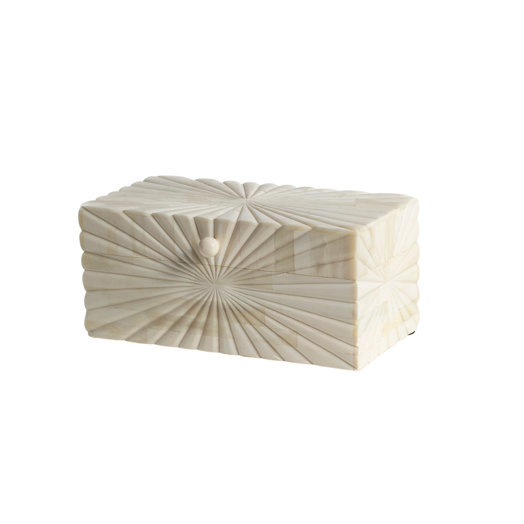 Hand carved bone decorative box with radial geometric pattern, handcrafted storage box in natural ivory finish