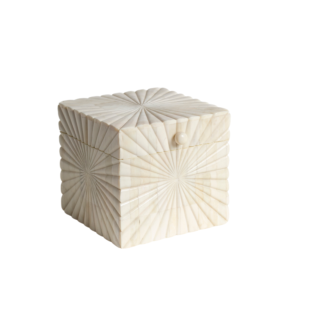 Hand carved bone decorative box with radial geometric pattern, handcrafted storage box in natural ivory finish
