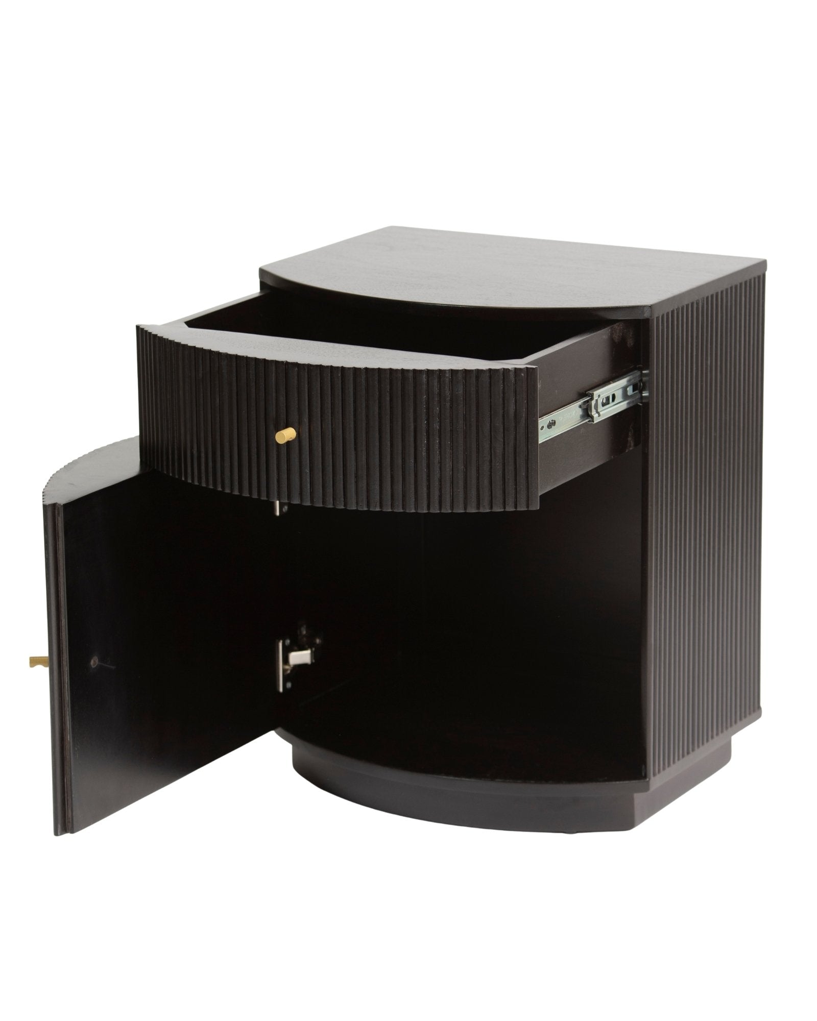 Wooden side drawer featuring fluted texture in black with brass accents, handcrafted furniture piece.