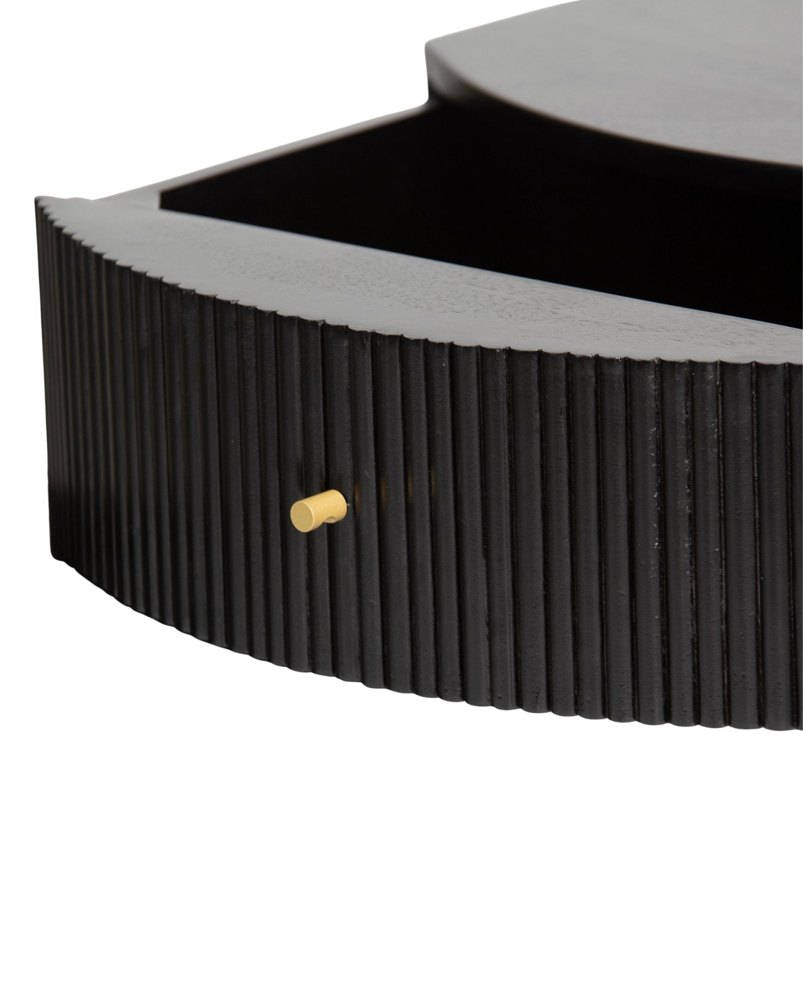 Wooden side drawer featuring fluted texture in black with brass accents, handcrafted furniture piece.